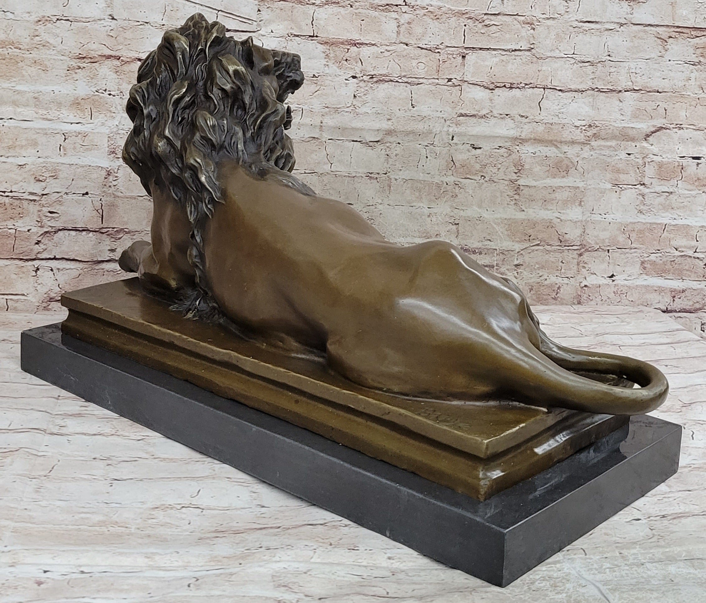 Roaring Guardian Lion Laying Down Bronze Statue Sculpture on Marble Base after Antoine Barye