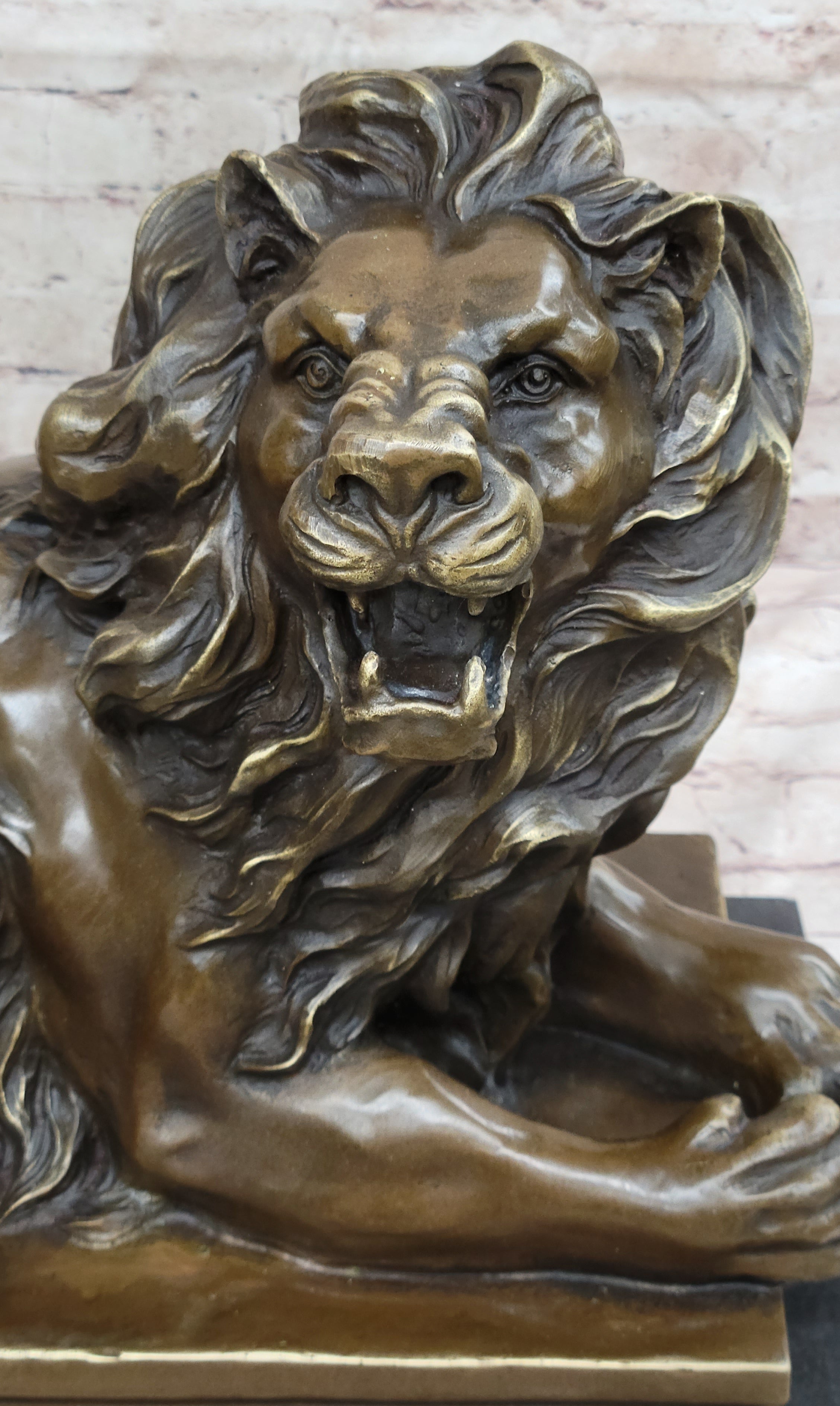 Roaring Guardian Lion Laying Down Bronze Statue Sculpture on Marble Base after Antoine Barye