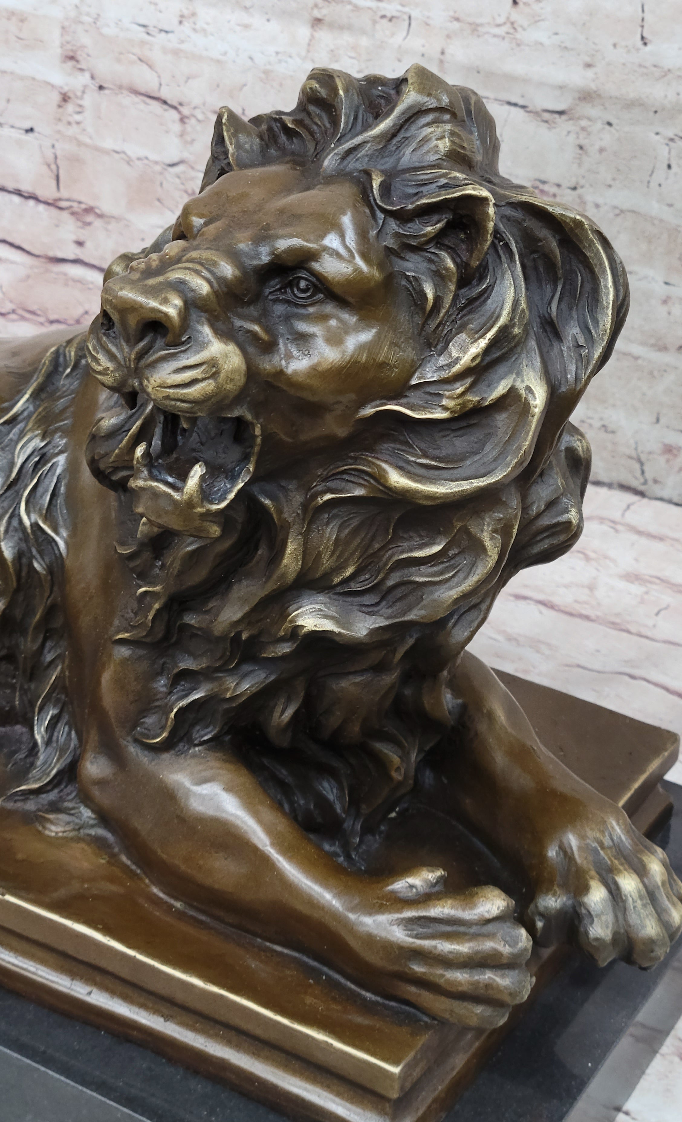 Roaring Guardian Lion Laying Down Bronze Statue Sculpture on Marble Base after Antoine Barye