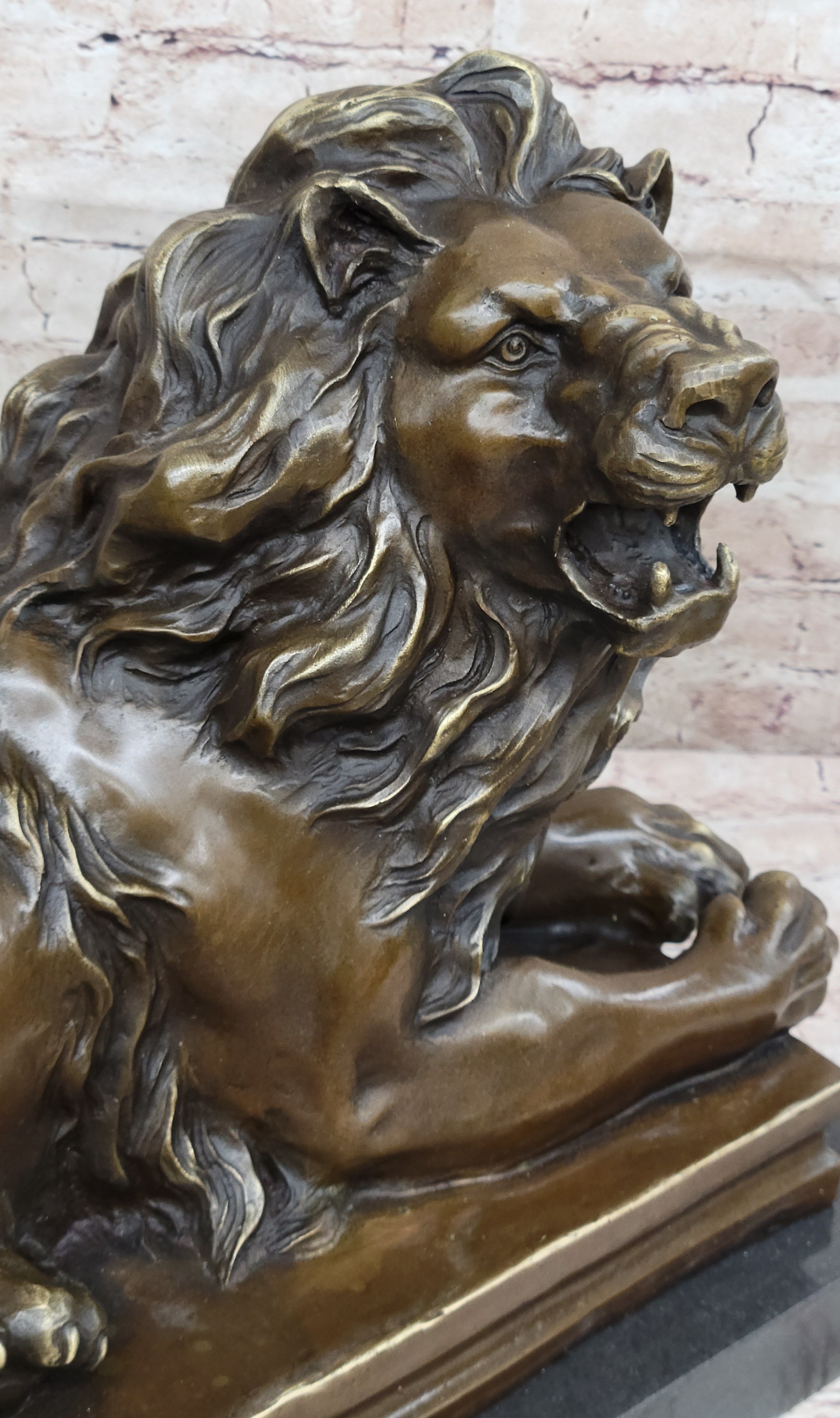 Roaring Guardian Lion Laying Down Bronze Statue Sculpture on Marble Base after Antoine Barye