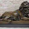 Roaring Guardian Lion Laying Down Bronze Statue Sculpture on Marble Base after Antoine Barye