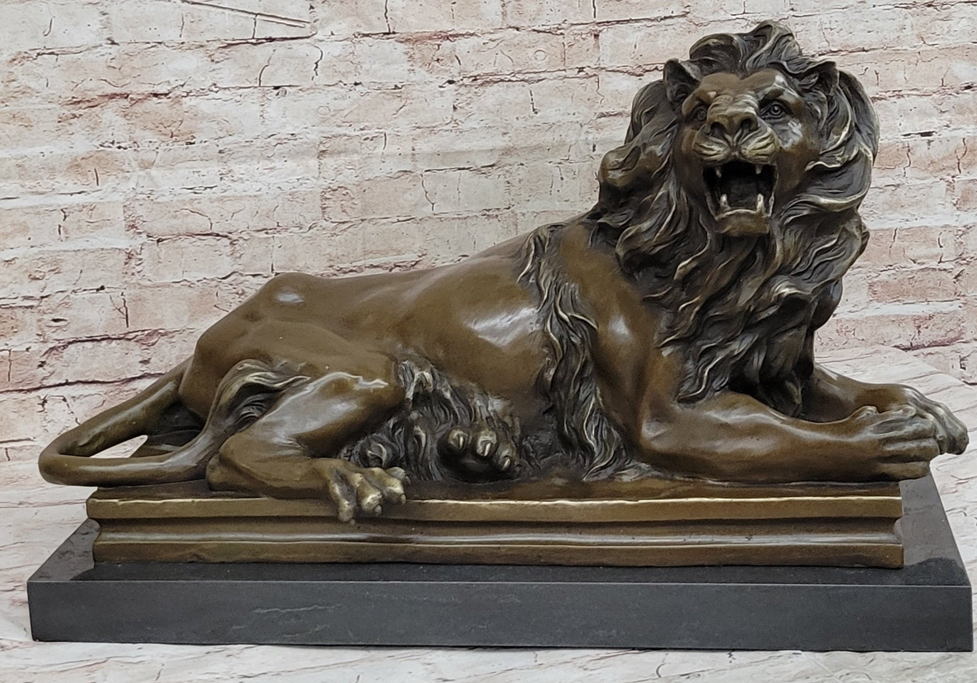 Roaring Guardian Lion Laying Down Bronze Statue Sculpture on Marble Base after Antoine Barye