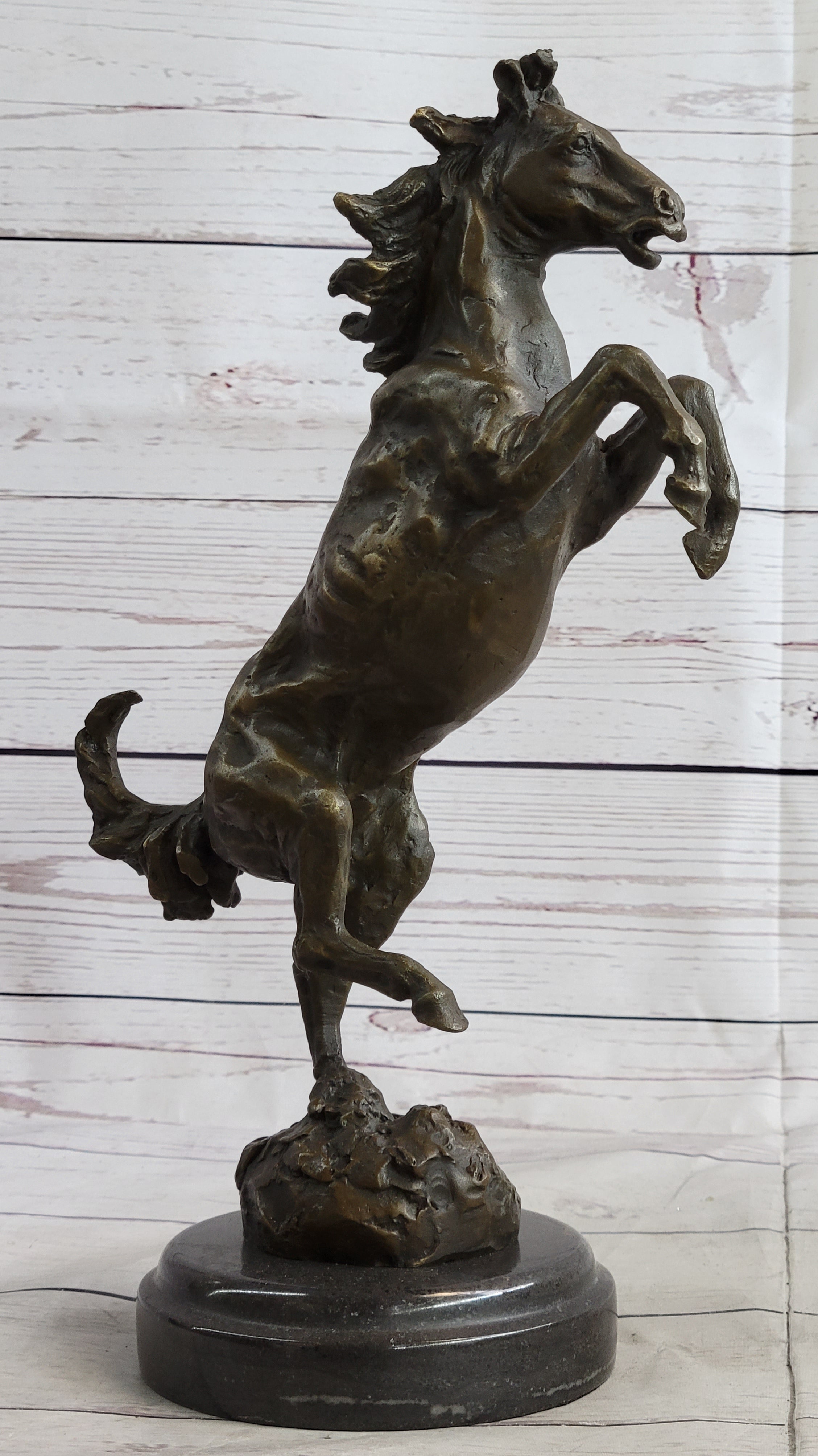 Signed Barye Excited Rearing Horse Bronze Marble Sculpture Racing Marble Figure