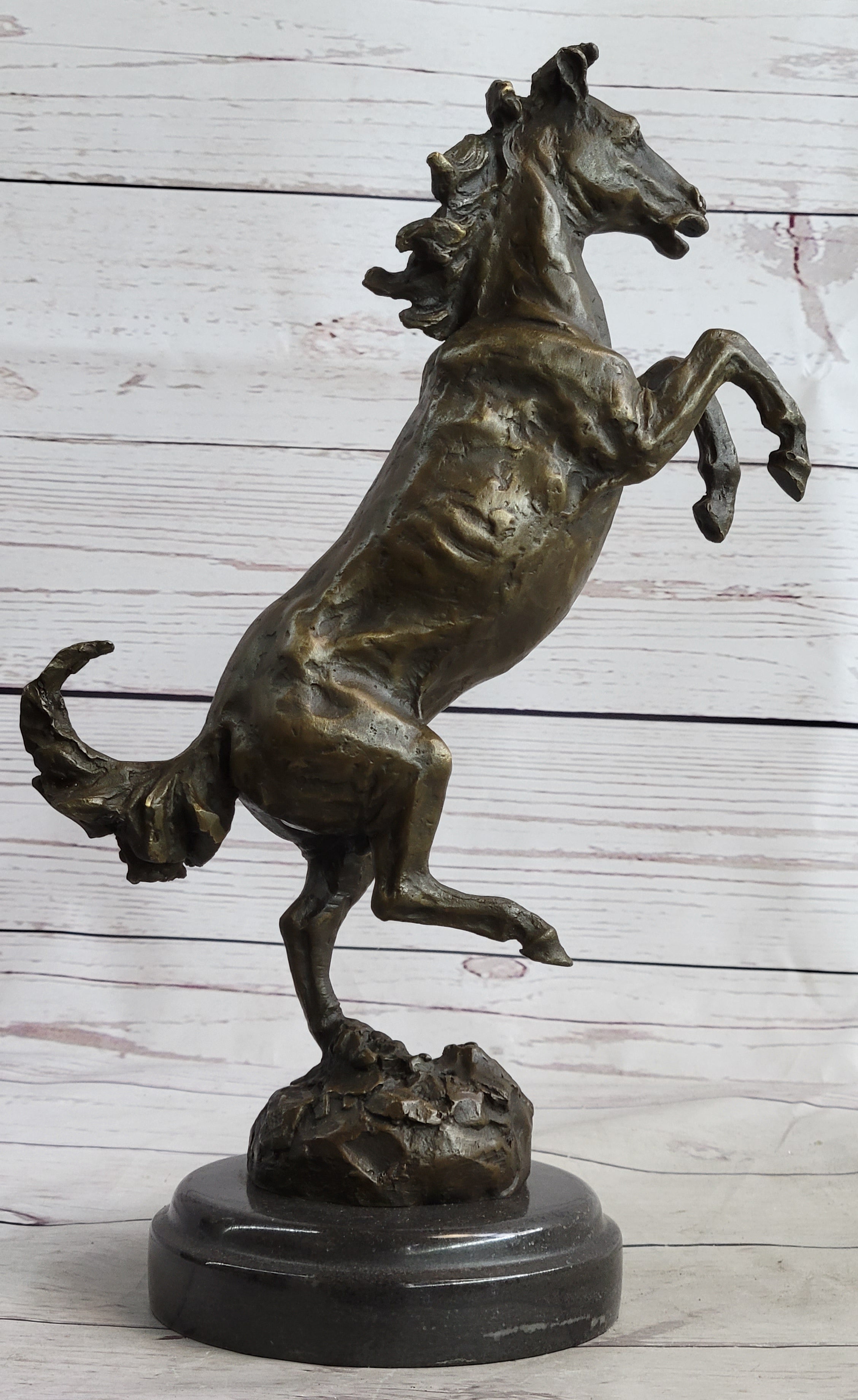 Signed Barye Excited Rearing Horse Bronze Marble Sculpture Racing Marble Figure