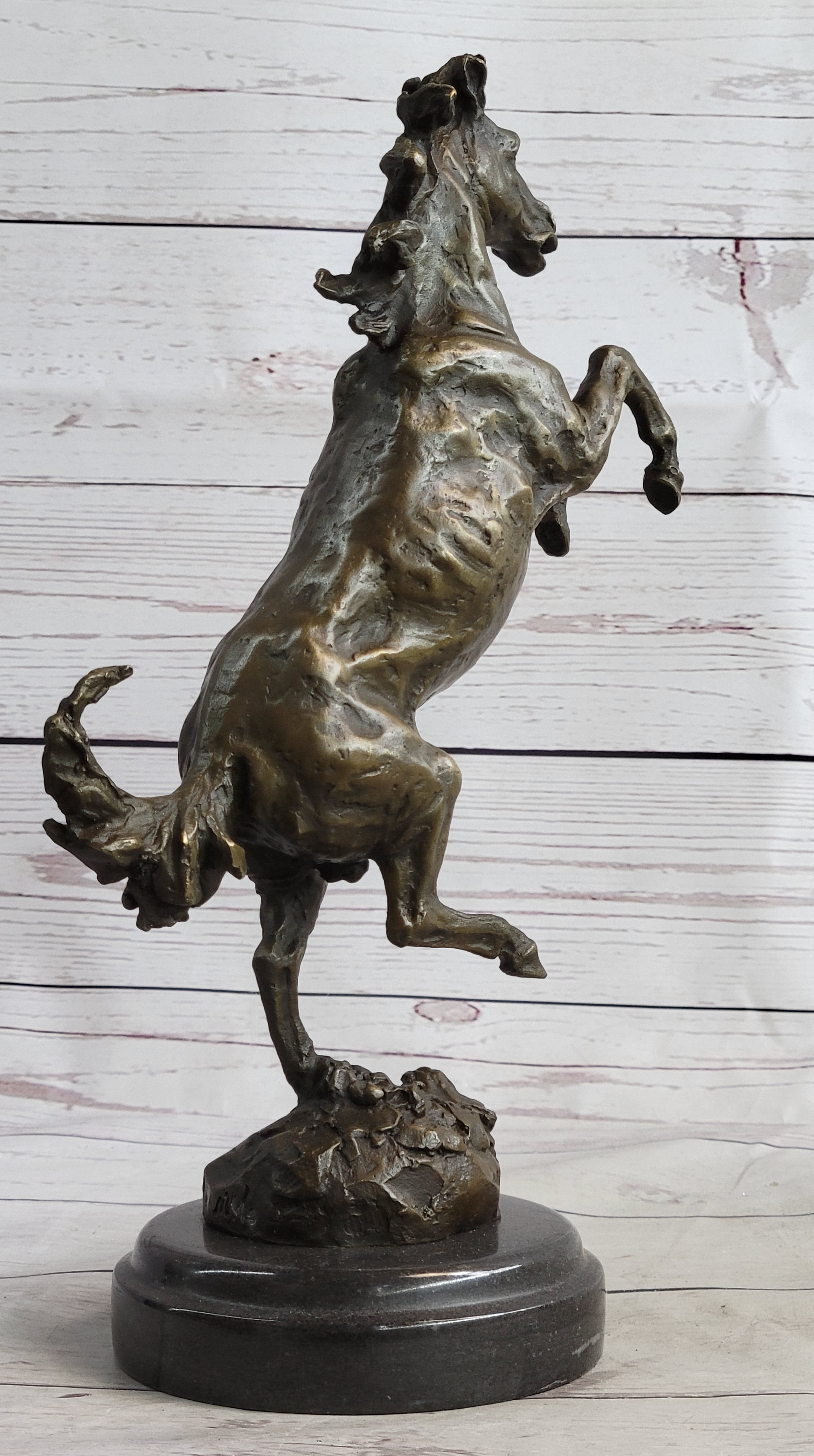 Signed Barye Excited Rearing Horse Bronze Marble Sculpture Racing Marble Figure