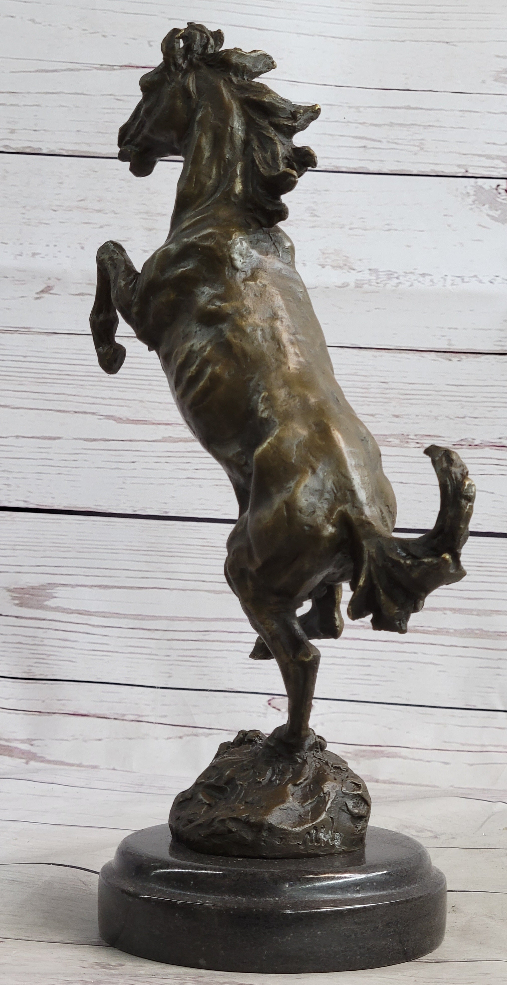 Signed Barye Excited Rearing Horse Bronze Marble Sculpture Racing Marble Figure