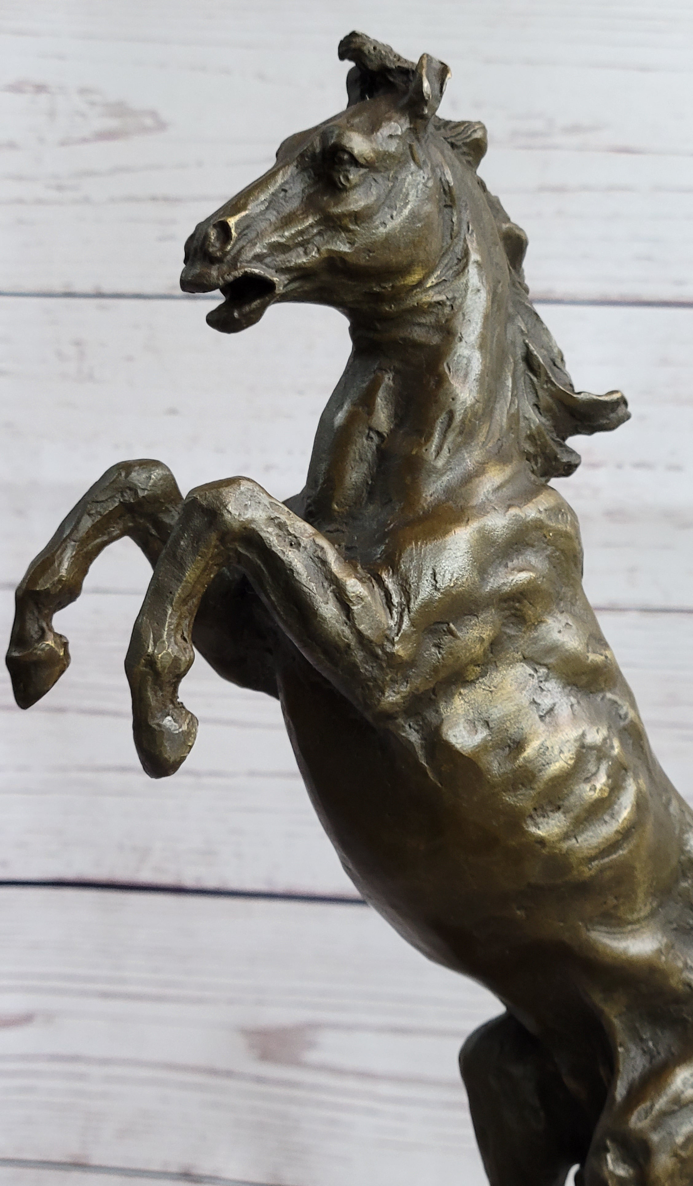 Signed Barye Excited Rearing Horse Bronze Marble Sculpture Racing Marble Figure