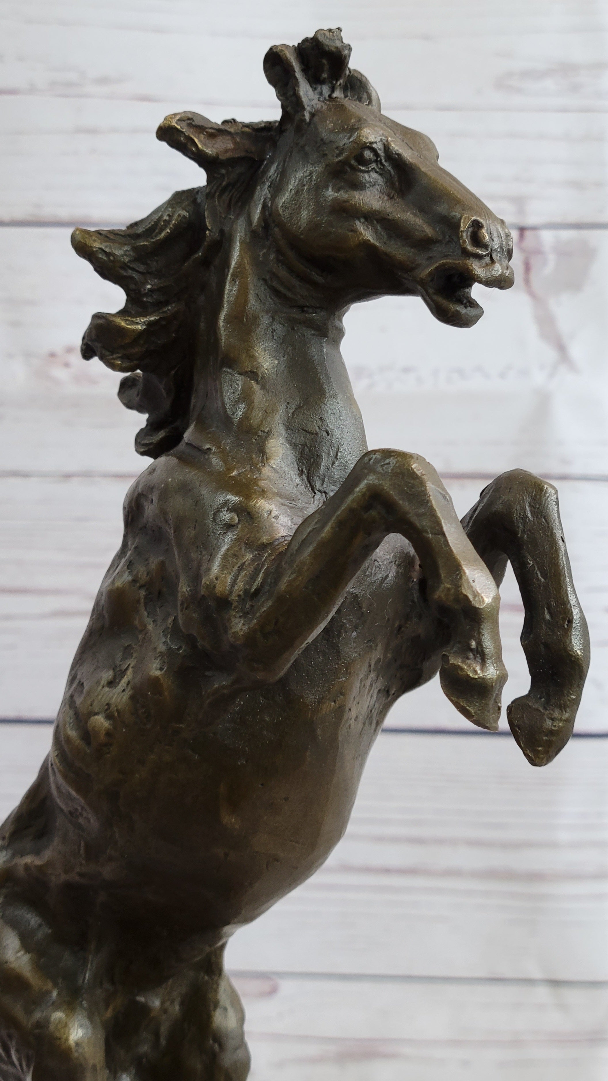 Signed Barye Excited Rearing Horse Bronze Marble Sculpture Racing Marble Figure