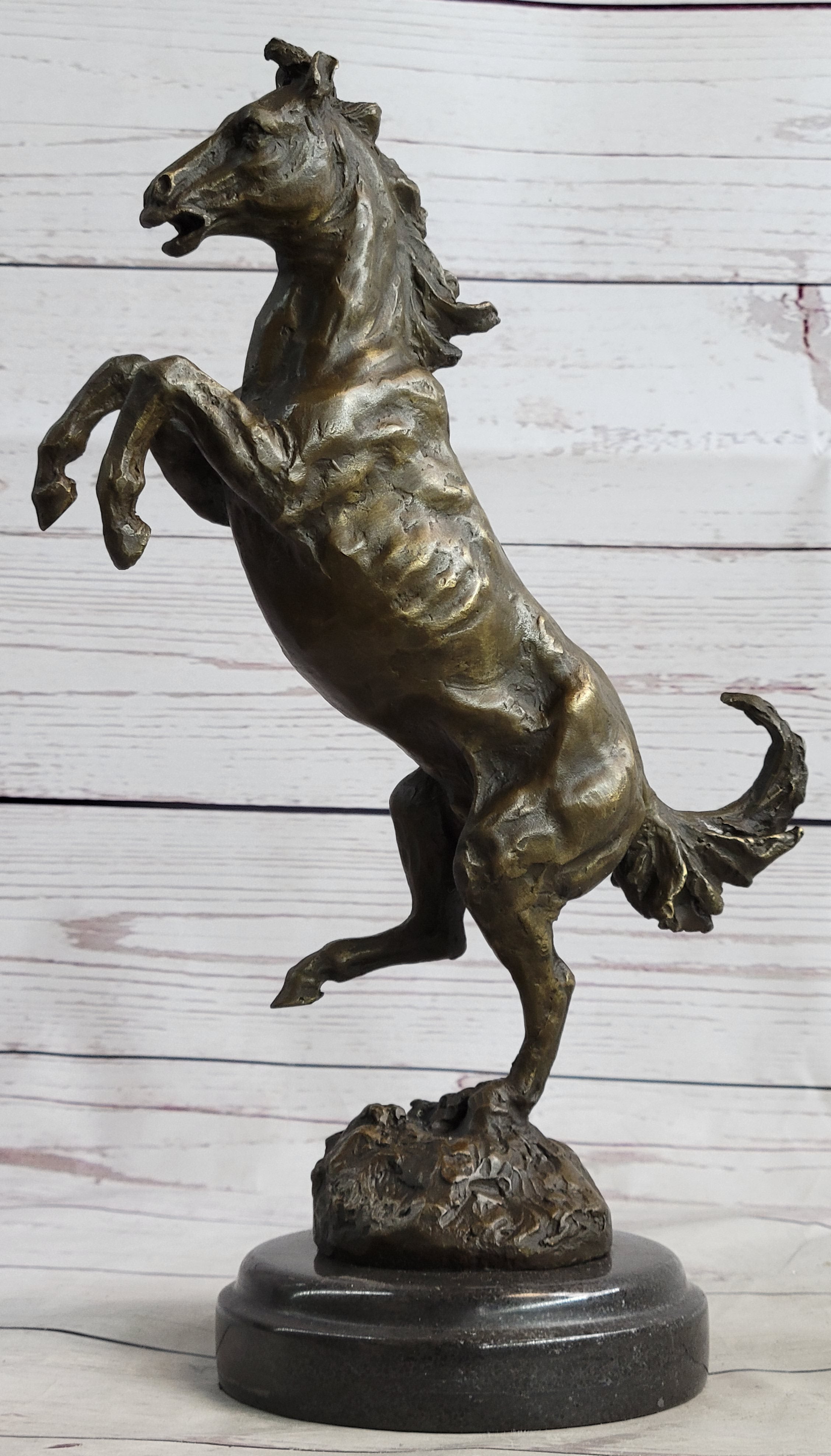 Signed Barye Excited Rearing Horse Bronze Marble Sculpture Racing Marble Figure