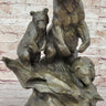 Large Mother Bear With her Cubs on a Rock Bronze Art Deco Marble Sculpture Barye