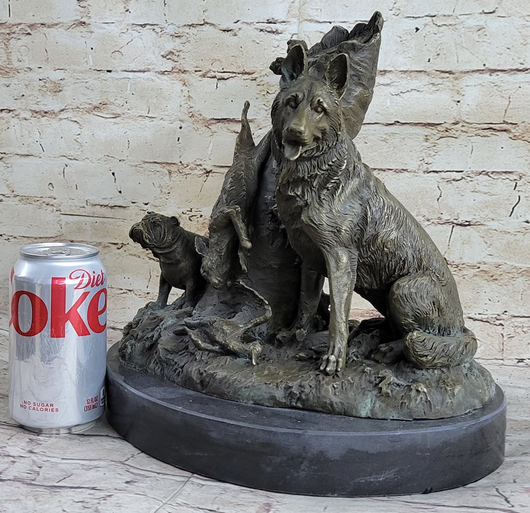 HUNTING DOGS ENGLISH BULLDOG SHEPHERD BRONZE SCULPTURE FIGURINE MARBLE BASE DECO