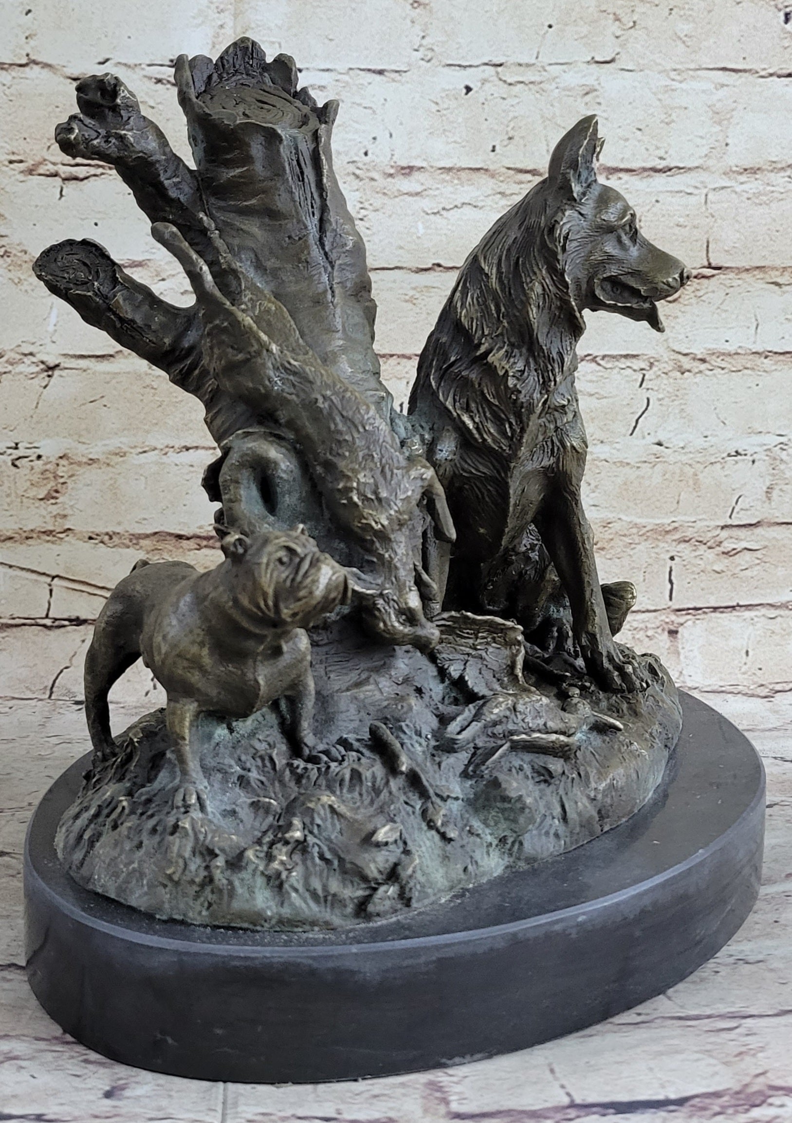 HUNTING DOGS ENGLISH BULLDOG SHEPHERD BRONZE SCULPTURE FIGURINE MARBLE BASE DECO