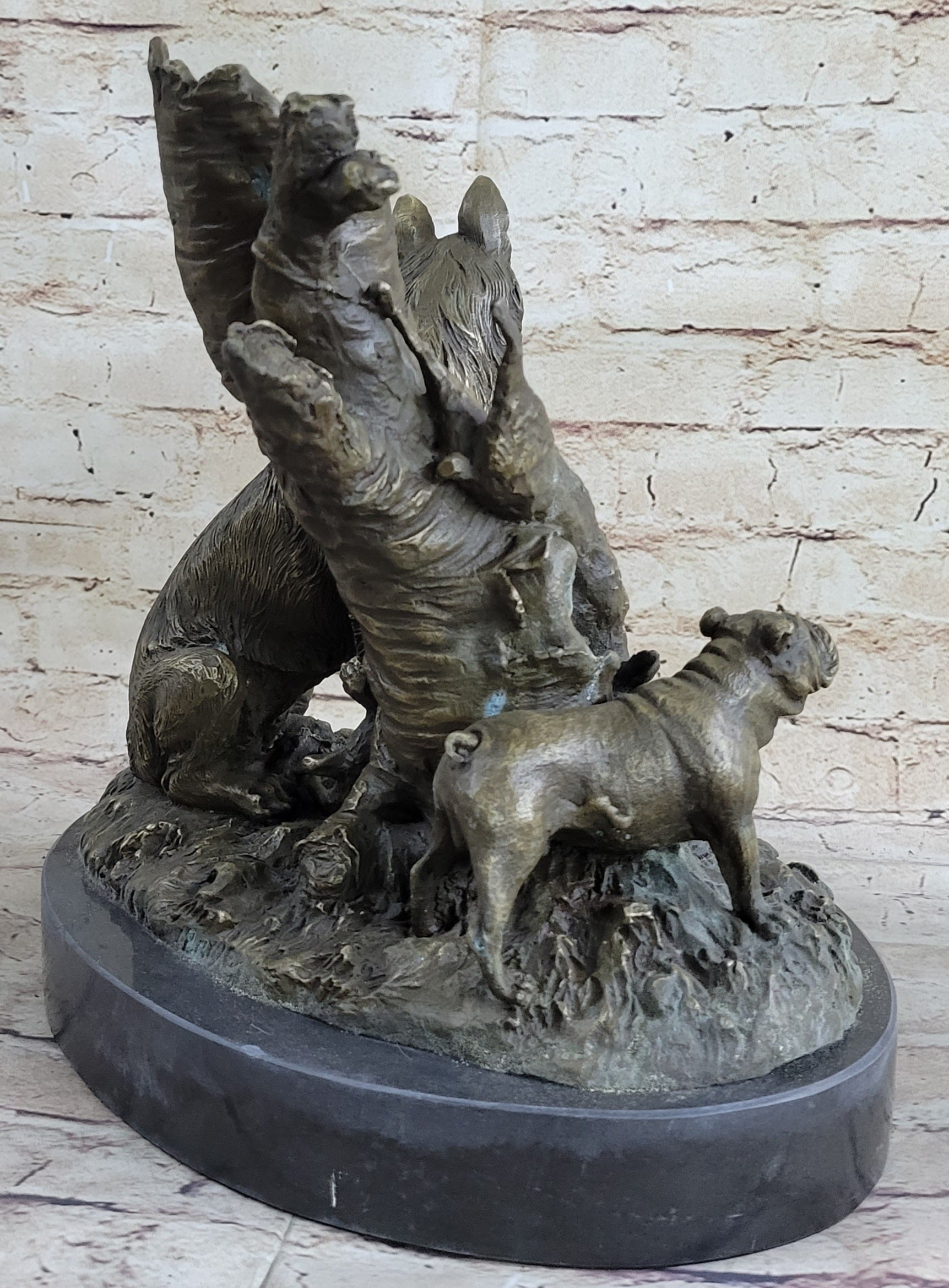 HUNTING DOGS ENGLISH BULLDOG SHEPHERD BRONZE SCULPTURE FIGURINE MARBLE BASE DECO
