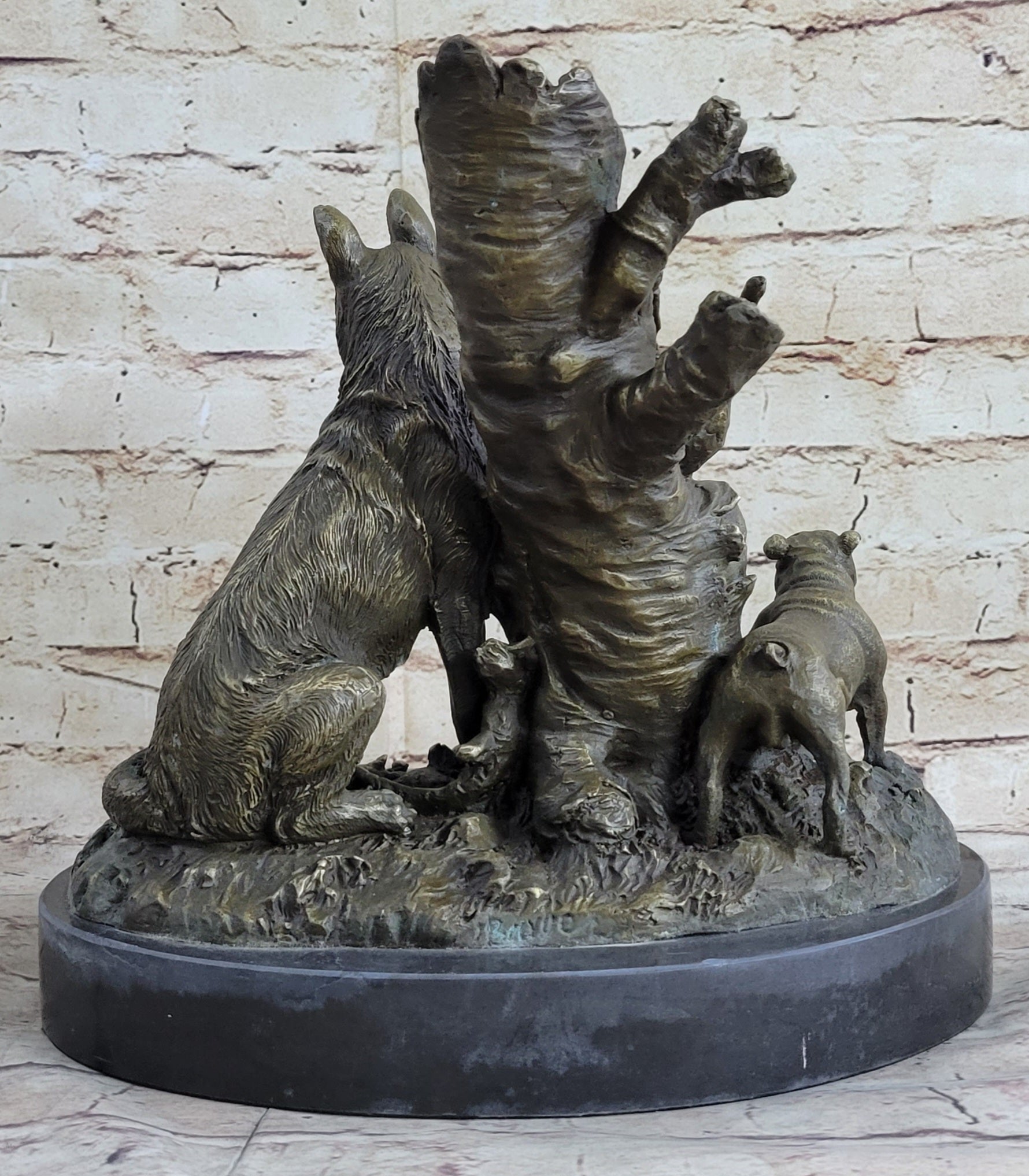 HUNTING DOGS ENGLISH BULLDOG SHEPHERD BRONZE SCULPTURE FIGURINE MARBLE BASE DECO