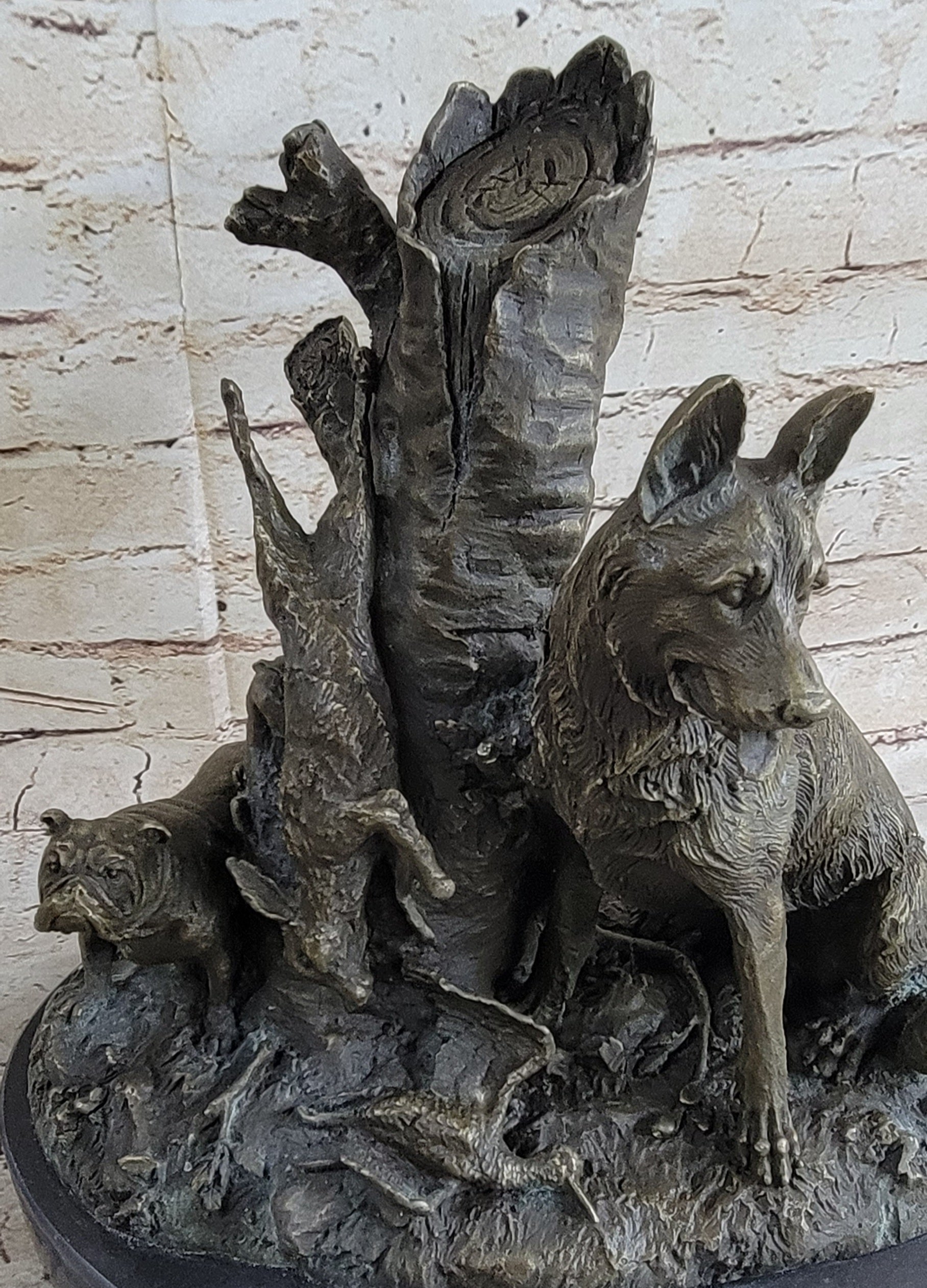 HUNTING DOGS ENGLISH BULLDOG SHEPHERD BRONZE SCULPTURE FIGURINE MARBLE BASE DECO