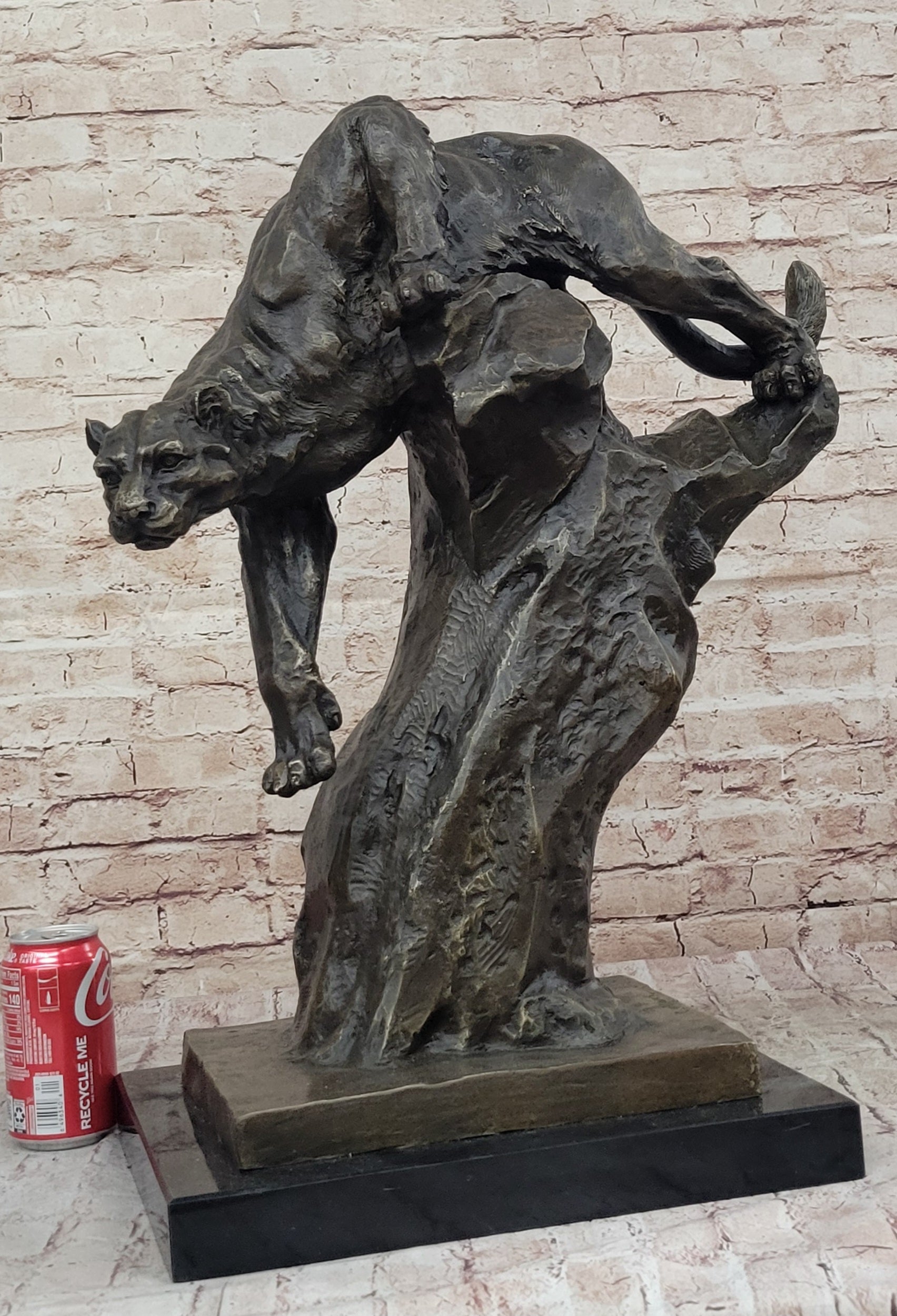 Mountain Lion Panther Puma Climbing Down Tree Bronze Metal Statue Sculpture on Marble Base