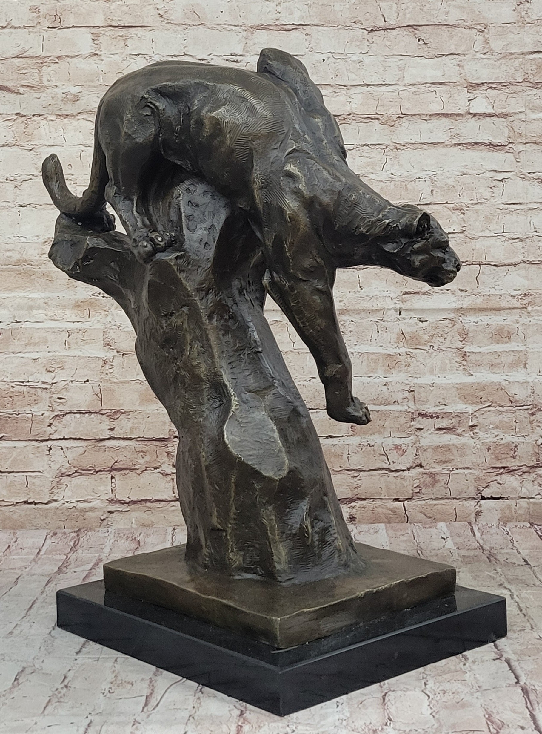 Mountain Lion Panther Puma Climbing Down Tree Bronze Metal Statue Sculpture on Marble Base
