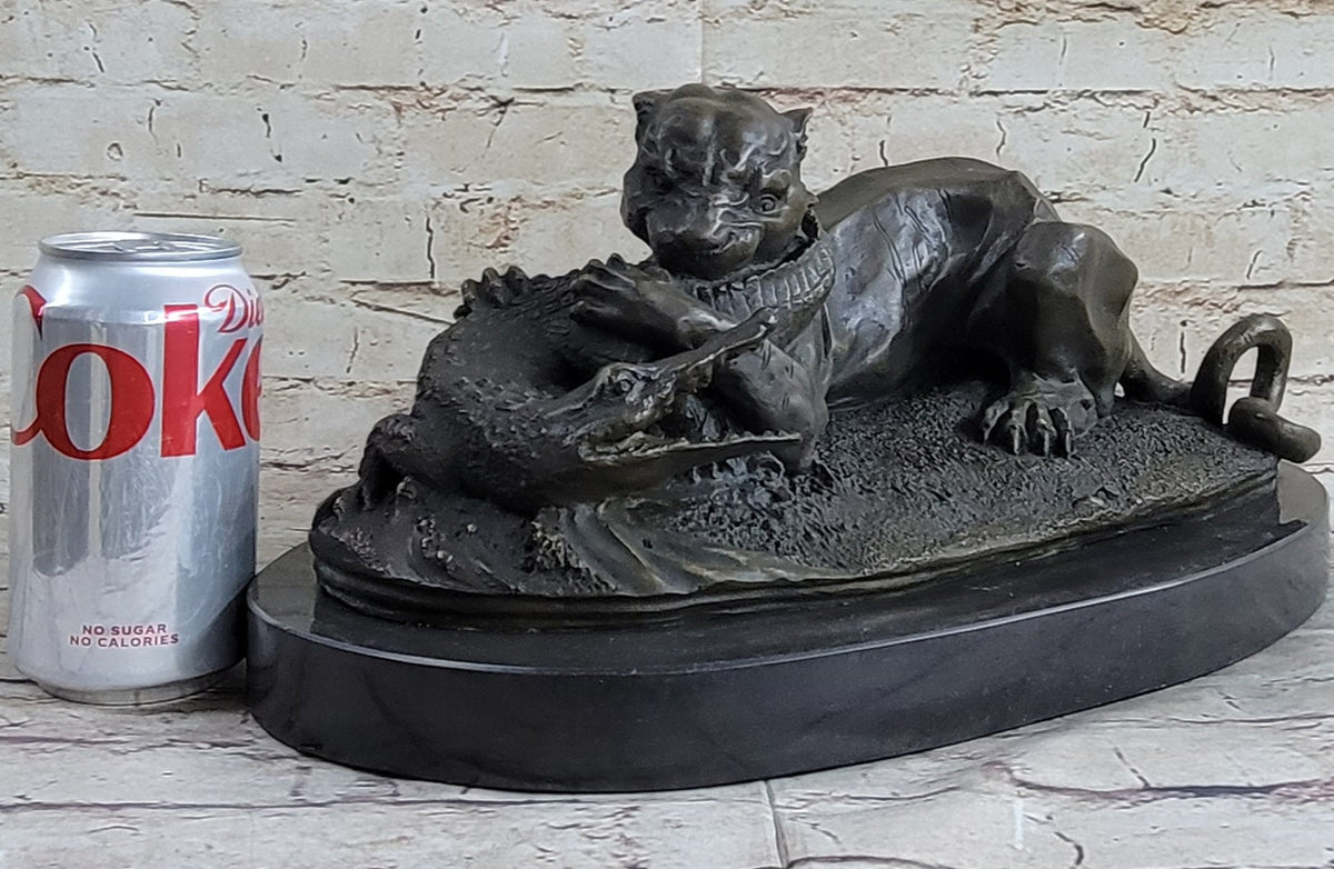 Panther Puma Mountain Lion vs. Alligator Cayman Crocodile Bronze Sculpture Statue