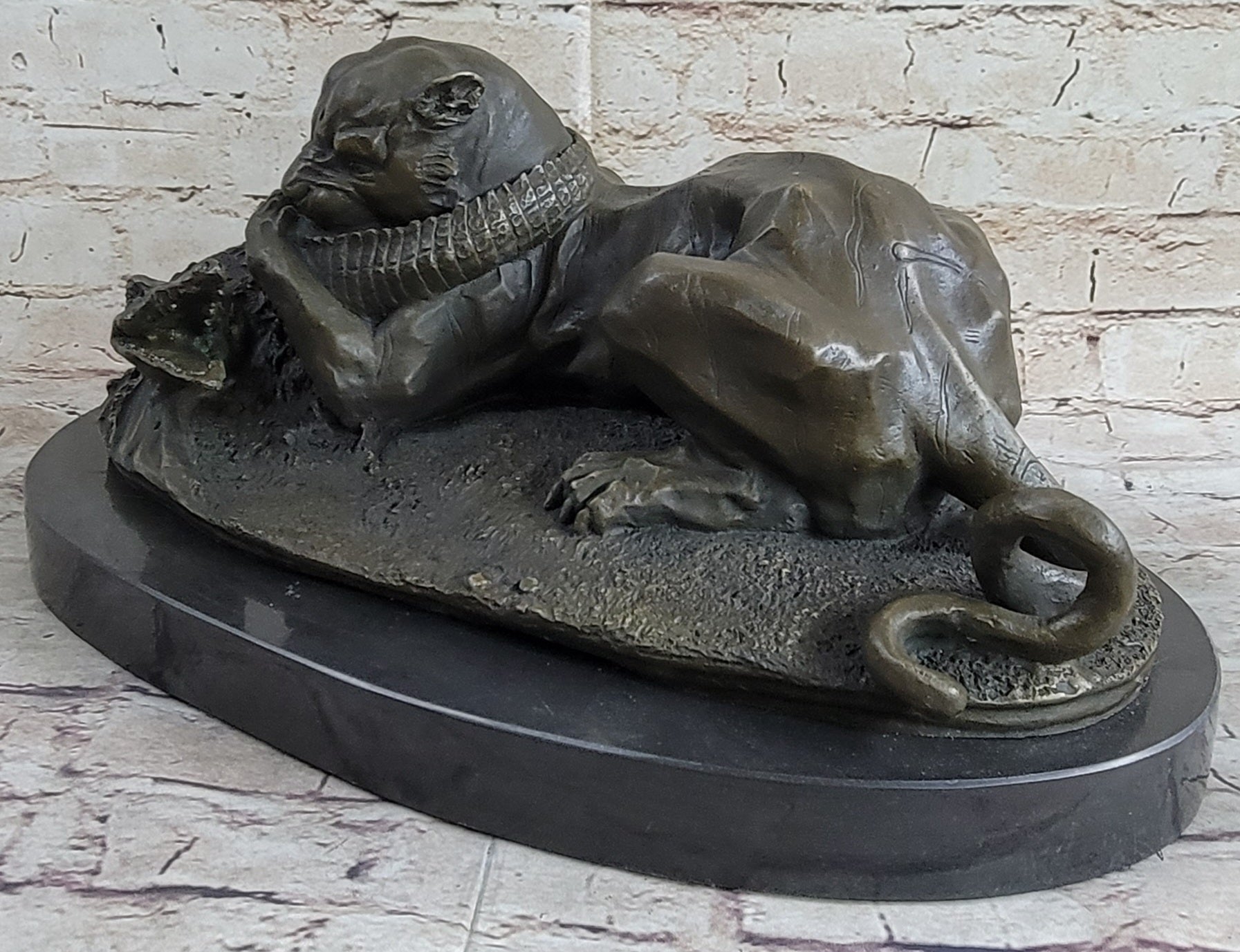 Panther Puma Mountain Lion vs. Alligator Cayman Crocodile Bronze Sculpture Statue