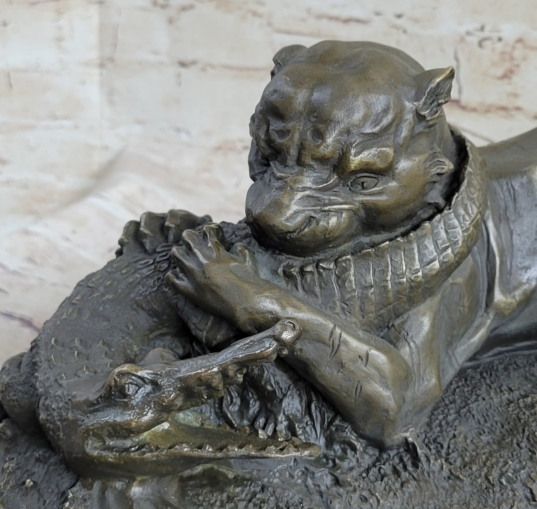 Panther Puma Mountain Lion vs. Alligator Cayman Crocodile Bronze Sculpture Statue