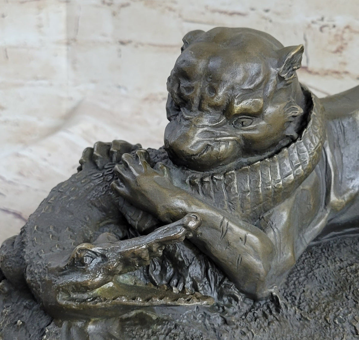 Panther Puma Mountain Lion vs. Alligator Cayman Crocodile Bronze Sculpture Statue