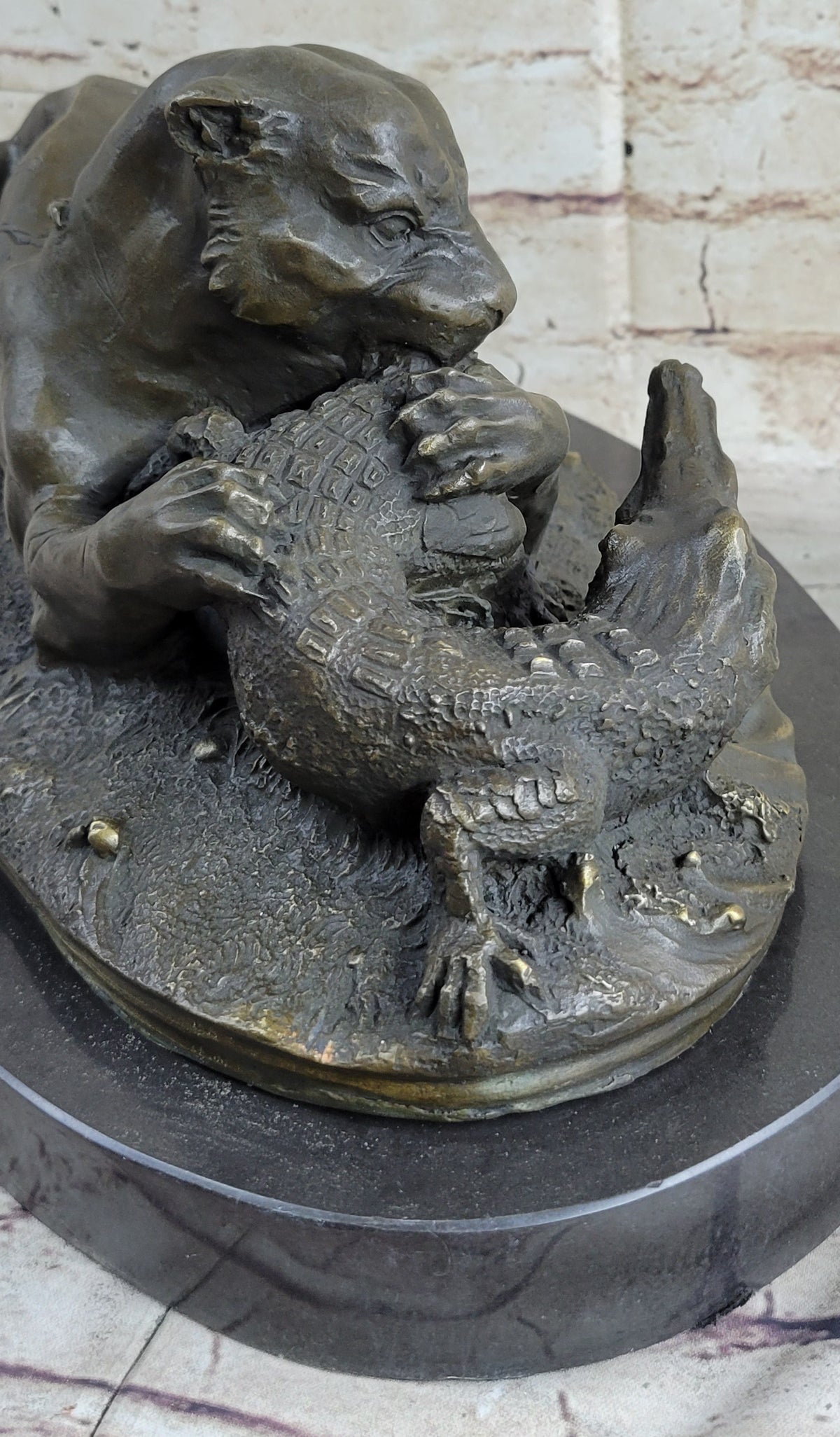 Panther Puma Mountain Lion vs. Alligator Cayman Crocodile Bronze Sculpture Statue