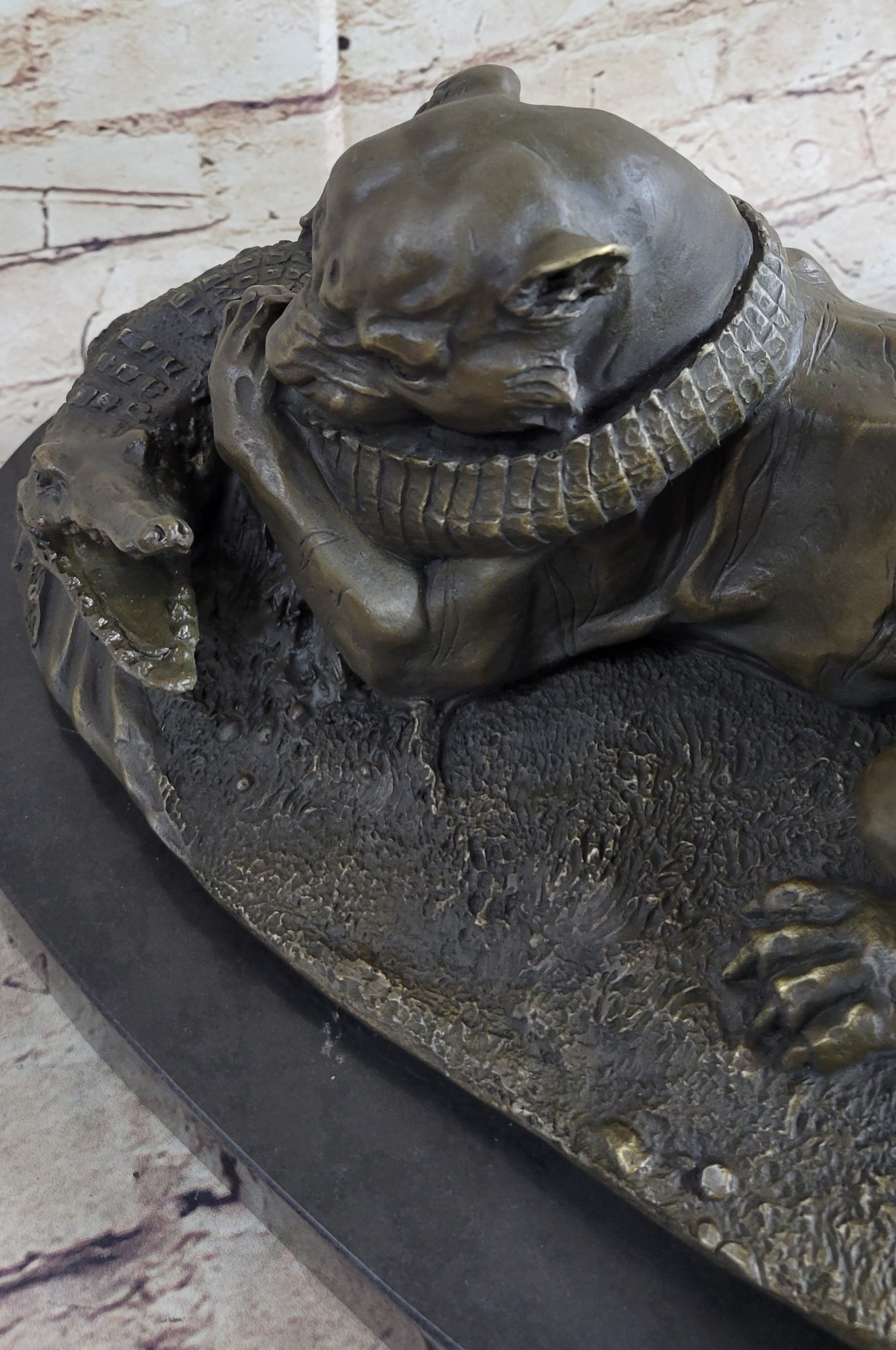 Panther Puma Mountain Lion vs. Alligator Cayman Crocodile Bronze Sculpture Statue