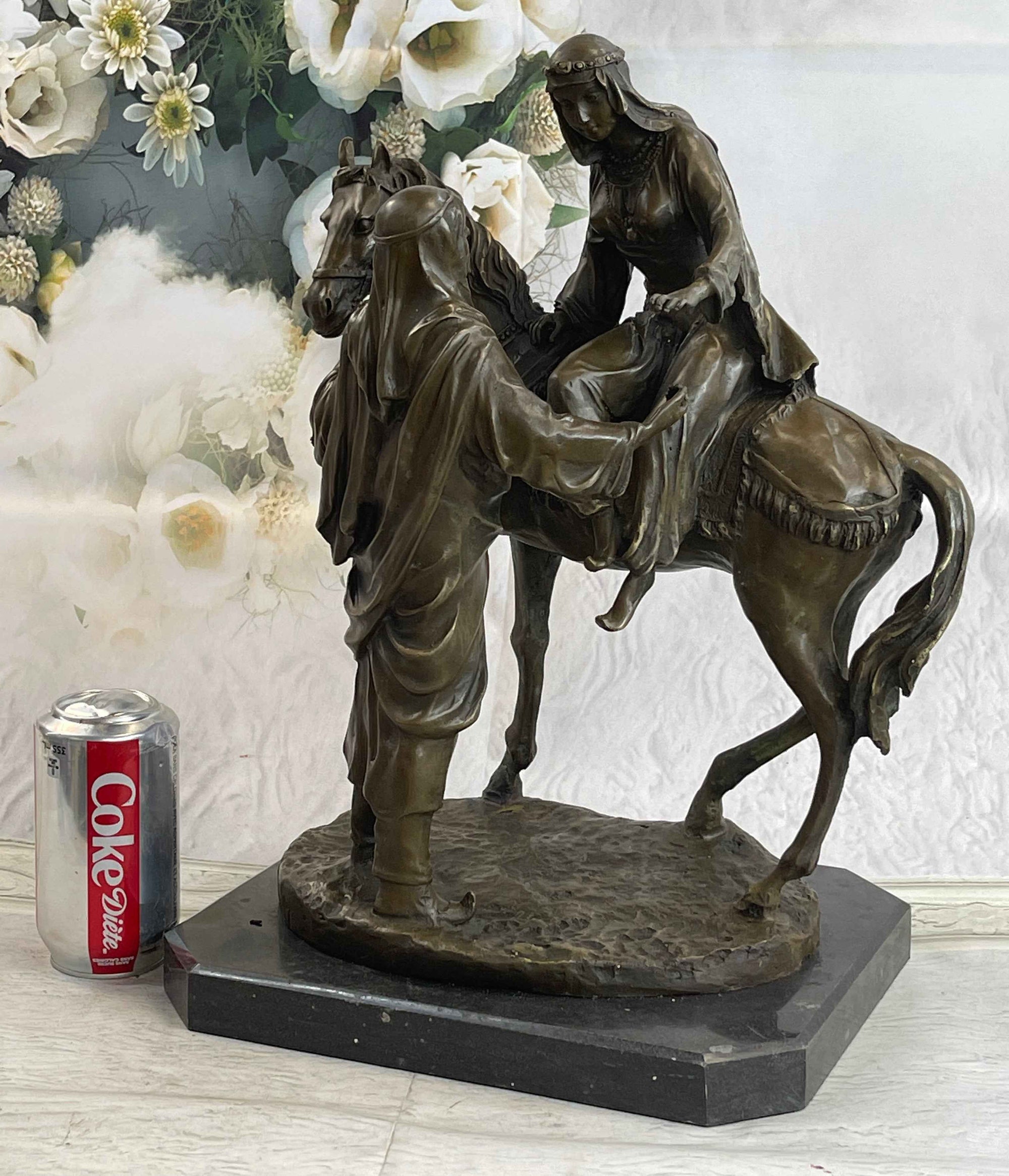 Orientalist Bronze Sculpture – Arab Horseman and Lady on Horseback Scene