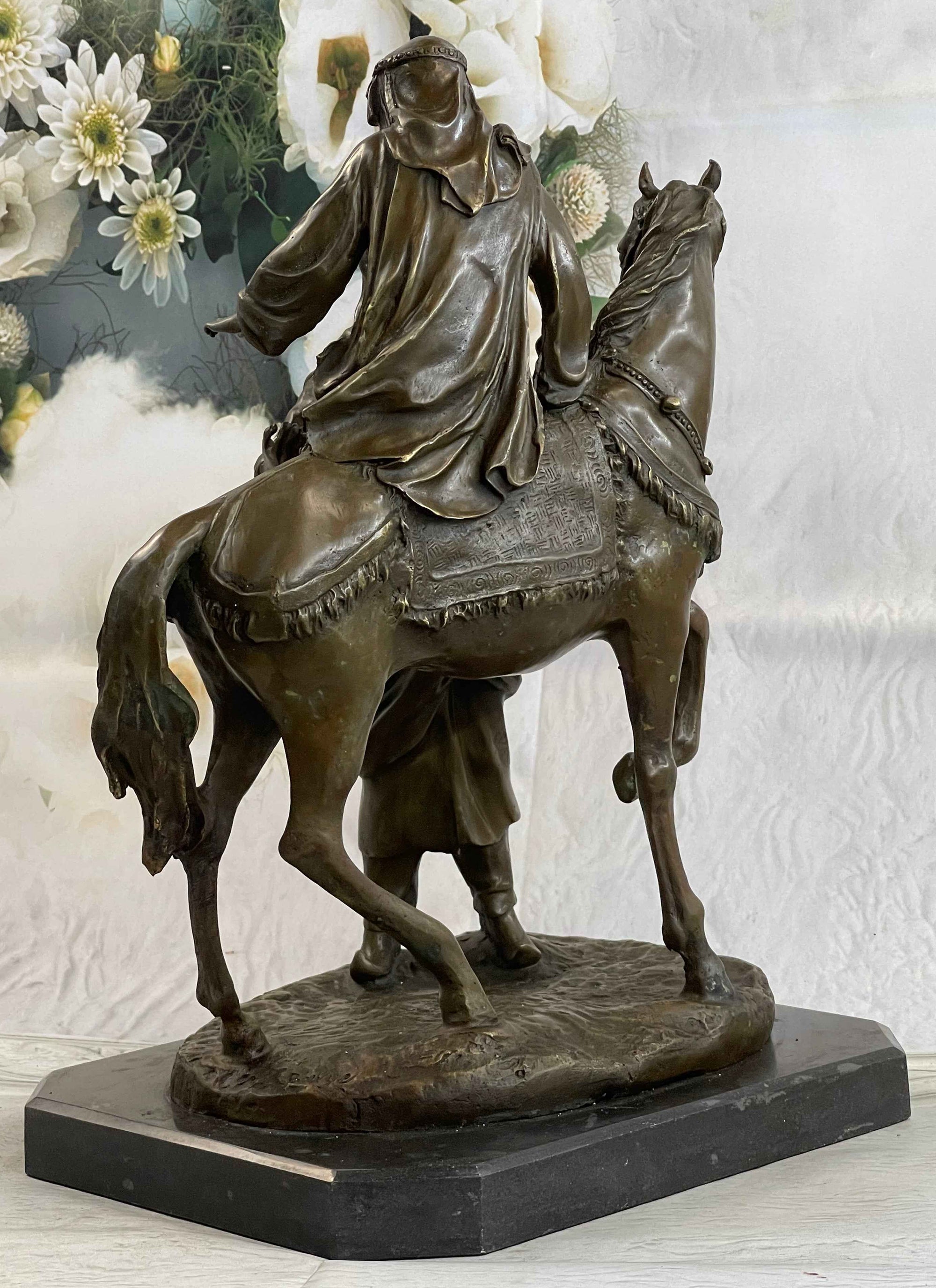 Orientalist Bronze Sculpture – Arab Horseman and Lady on Horseback Scene