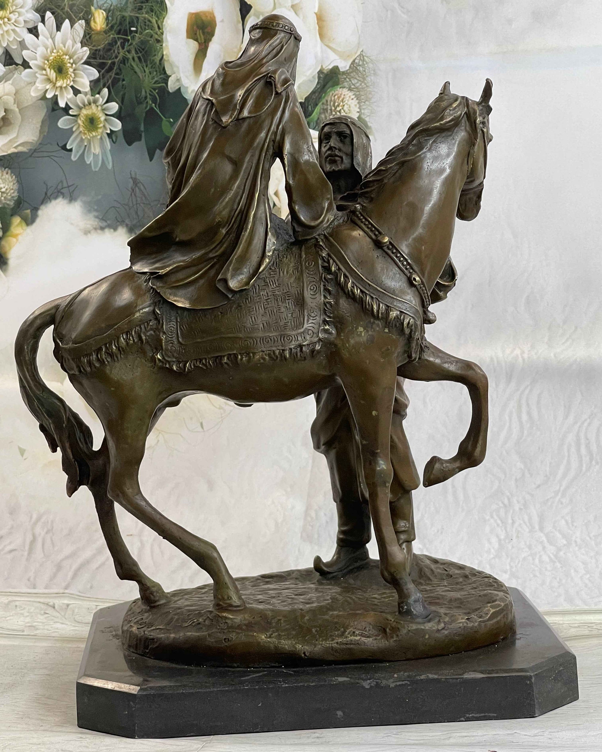 Orientalist Bronze Sculpture – Arab Horseman and Lady on Horseback Scene