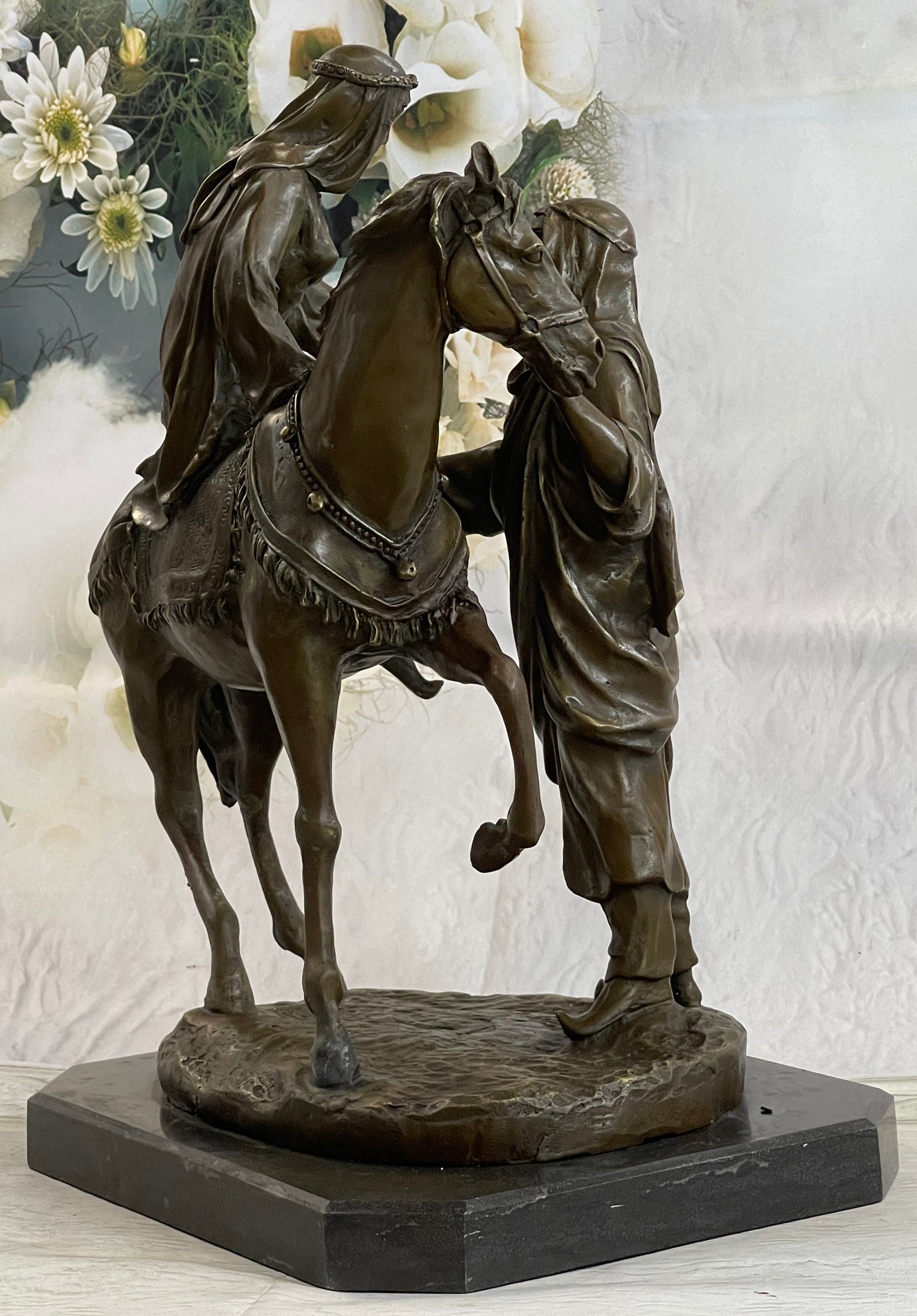 Orientalist Bronze Sculpture – Arab Horseman and Lady on Horseback Scene
