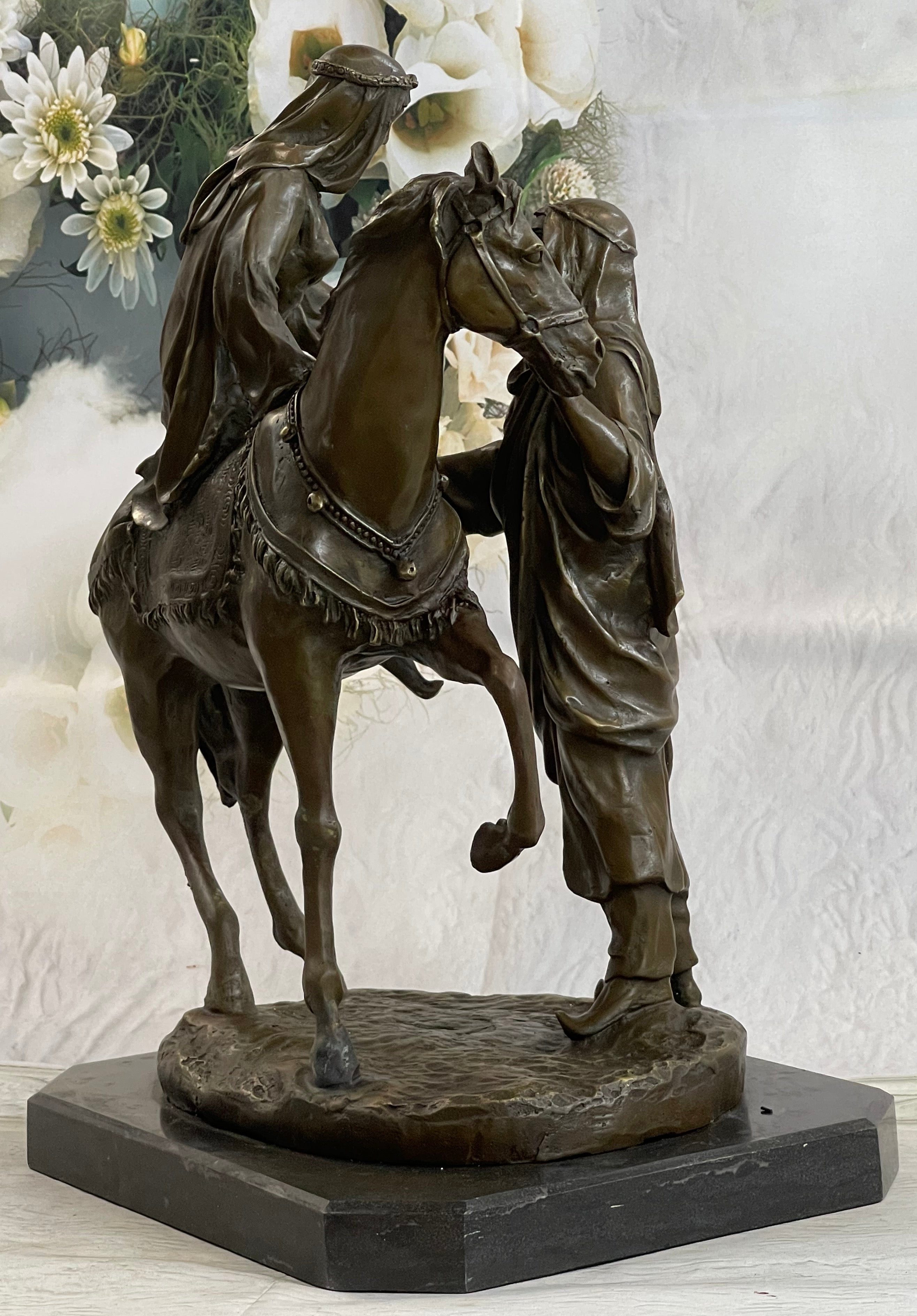 Orientalist Bronze Sculpture – Arab Horseman and Lady on Horseback Scene