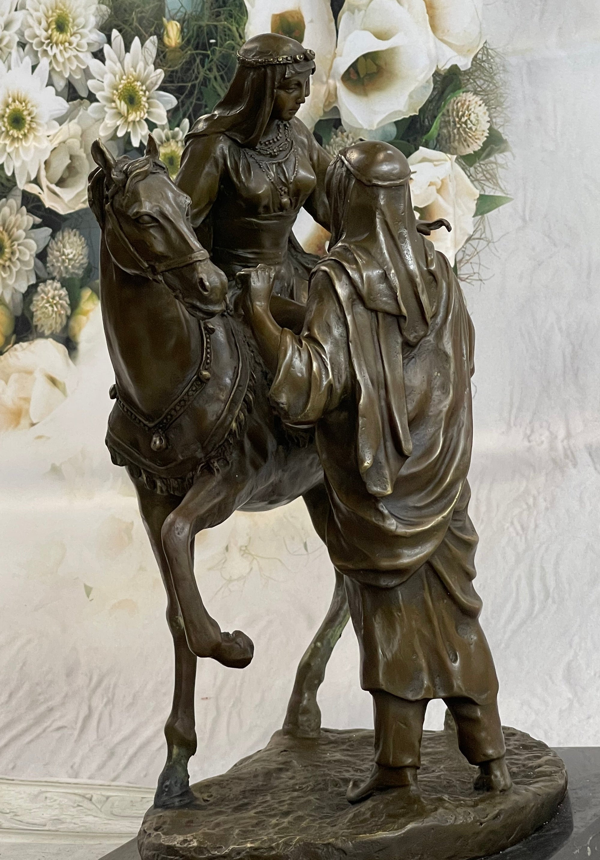 Orientalist Bronze Sculpture – Arab Horseman and Lady on Horseback Scene