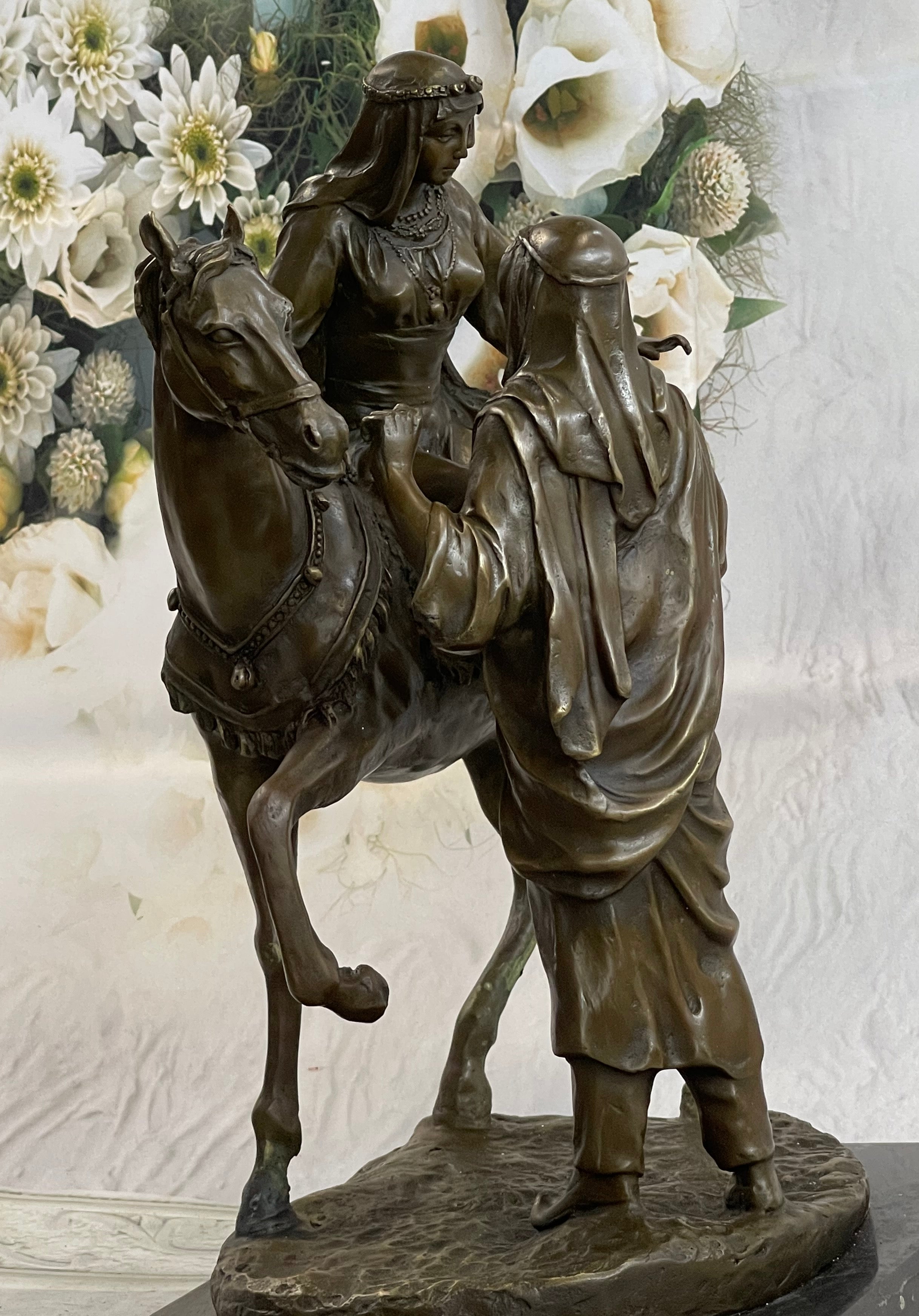 Orientalist Bronze Sculpture – Arab Horseman and Lady on Horseback Scene
