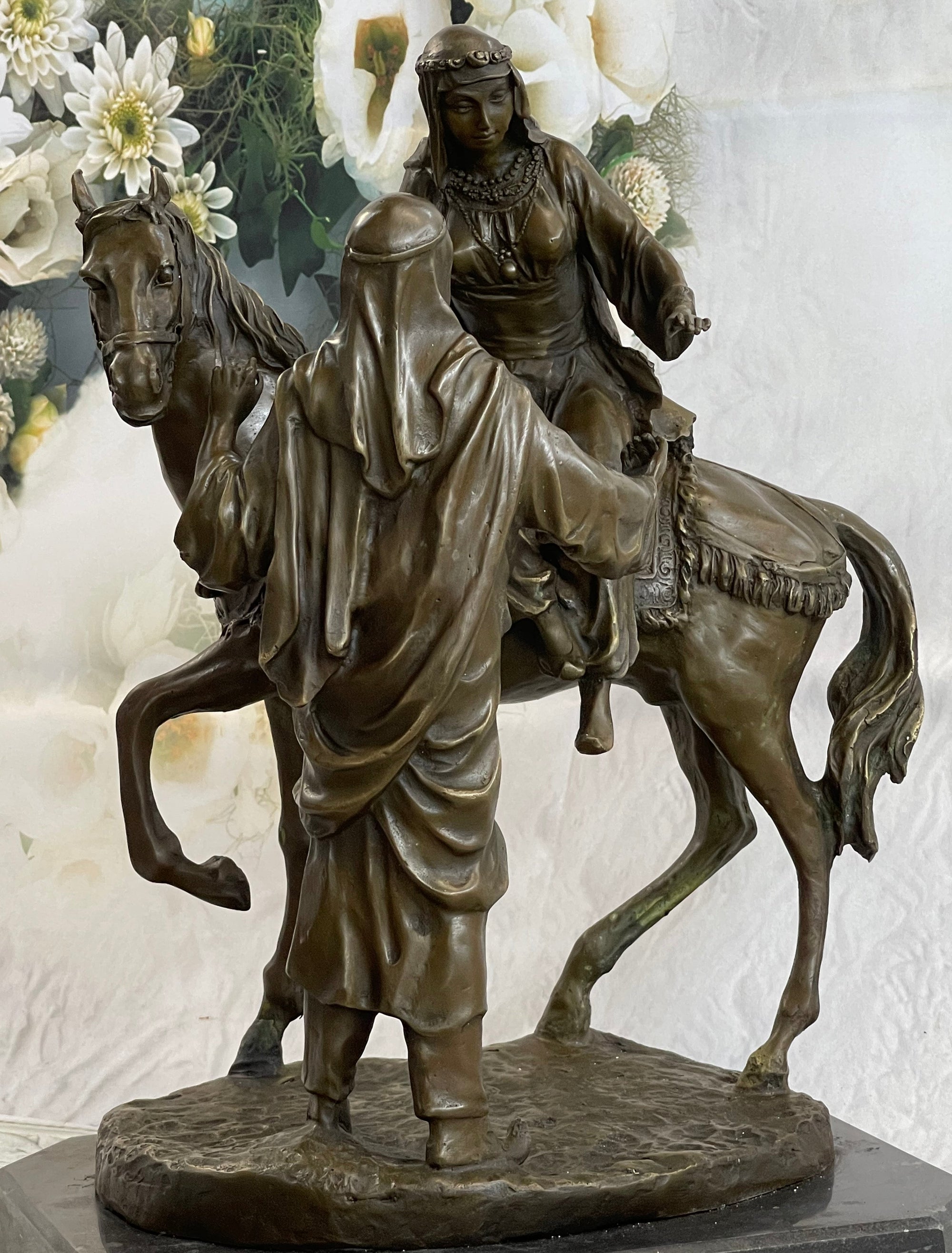 Orientalist Bronze Sculpture – Arab Horseman and Lady on Horseback Scene