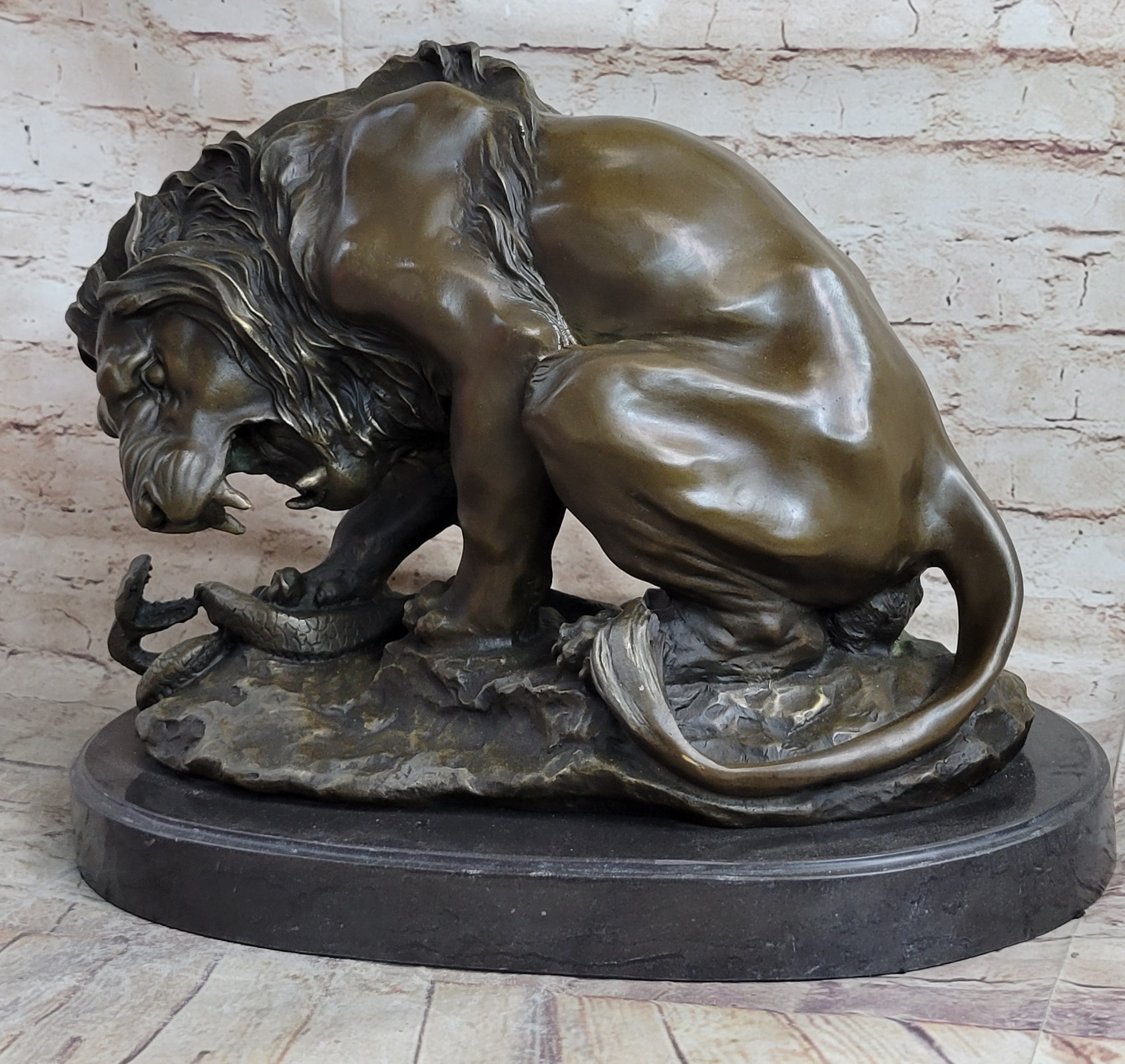 Lion vs. Snake Bronze Statue Sculpture Figure by Antoine Barye on Marble Base