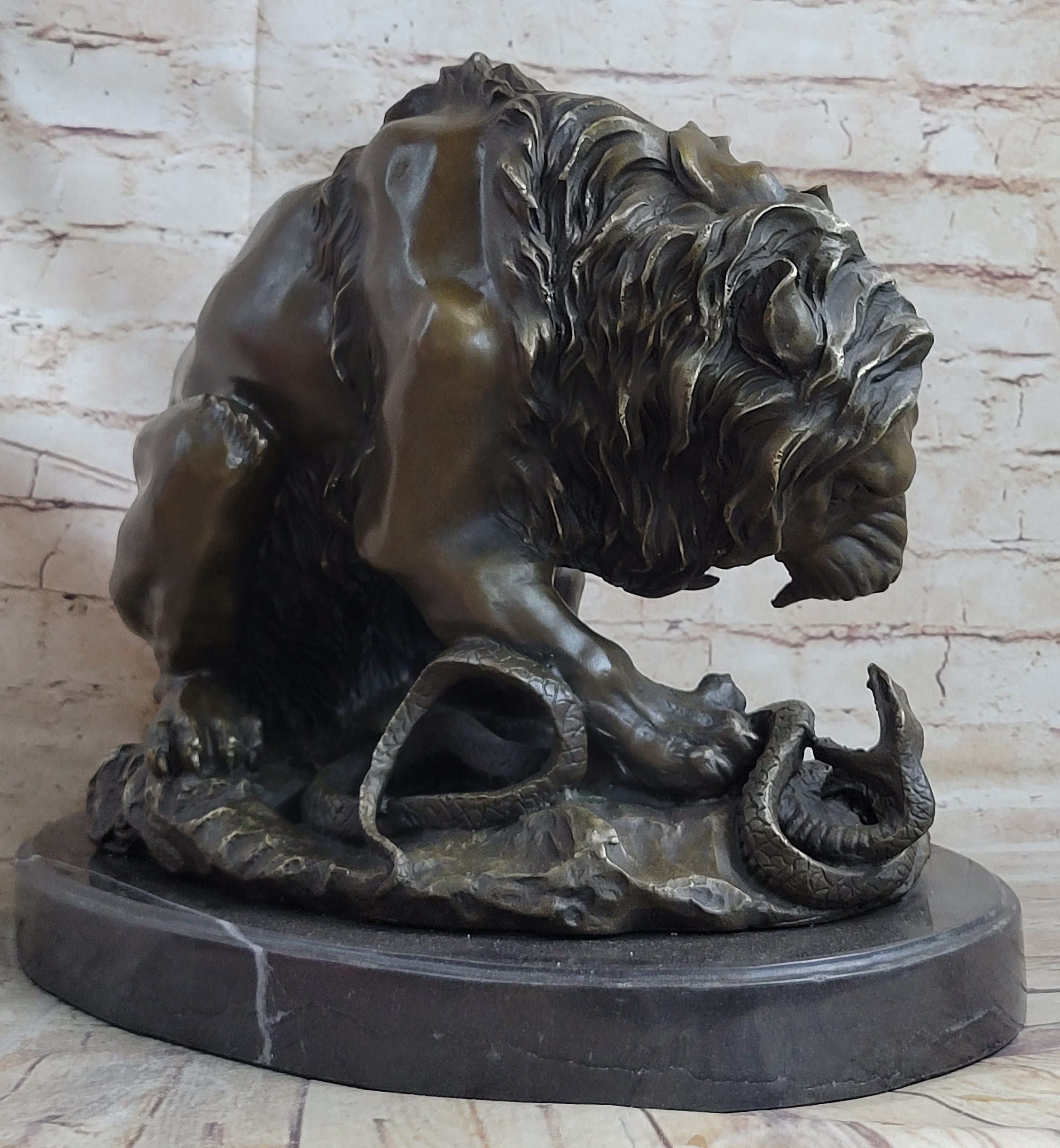 Lion vs. Snake Bronze Statue Sculpture Figure by Antoine Barye on Marble Base