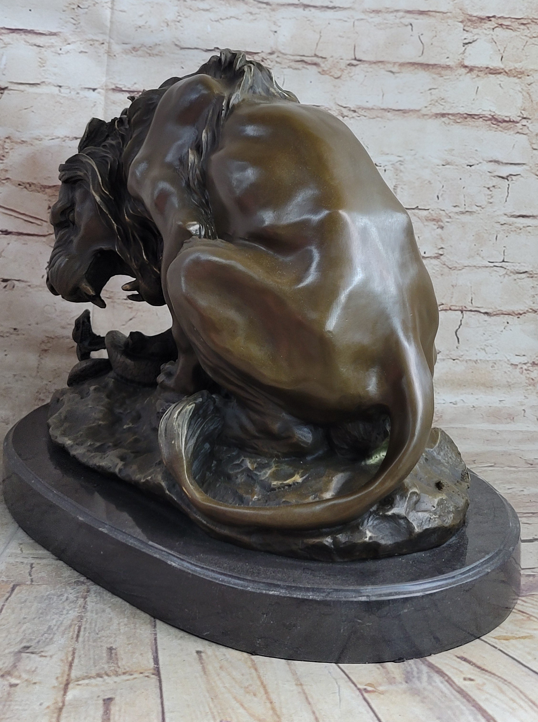 Lion vs. Snake Bronze Statue Sculpture Figure by Antoine Barye on Marble Base