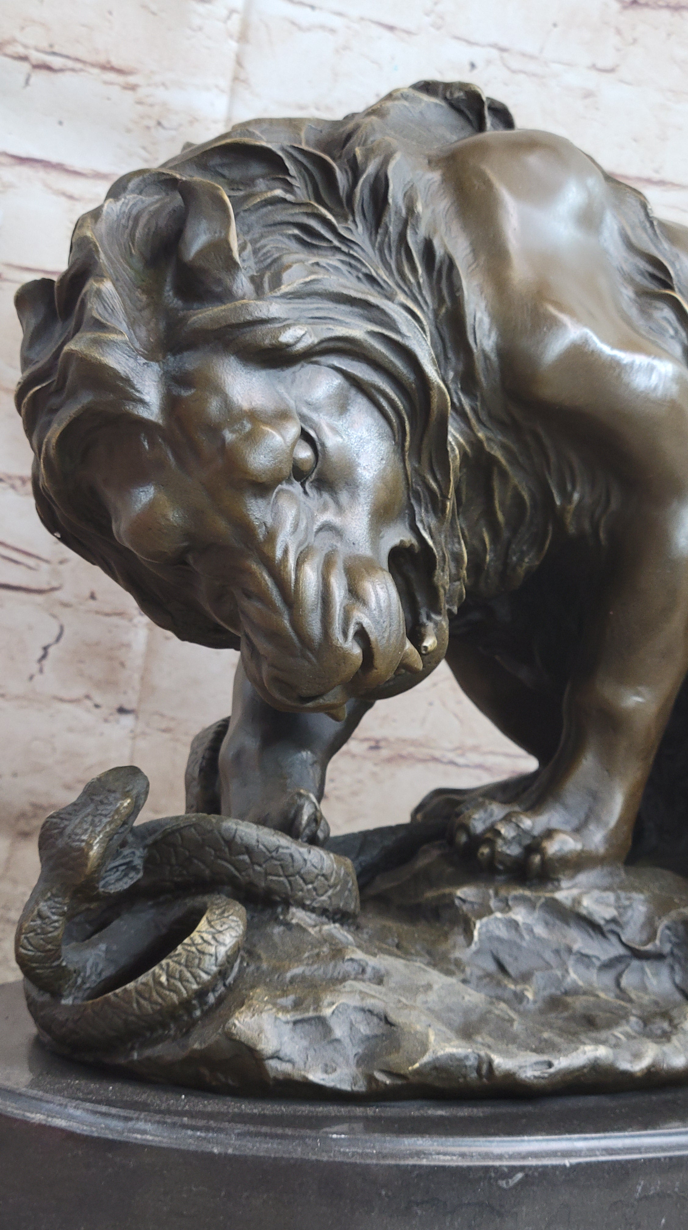 Lion vs. Snake Bronze Statue Sculpture Figure by Antoine Barye on Marble Base