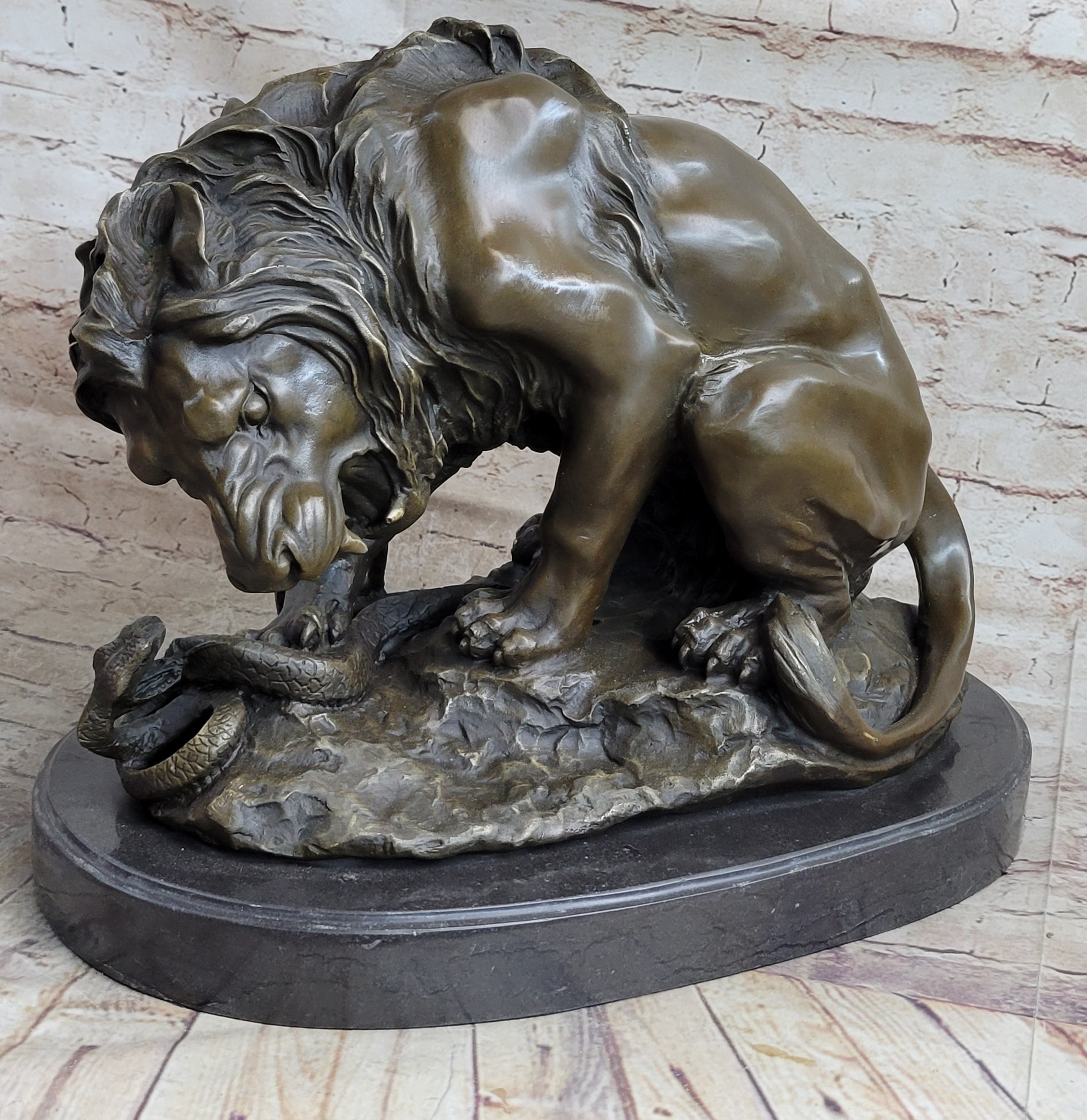Lion vs. Snake Bronze Statue Sculpture Figure by Antoine Barye on Marble Base