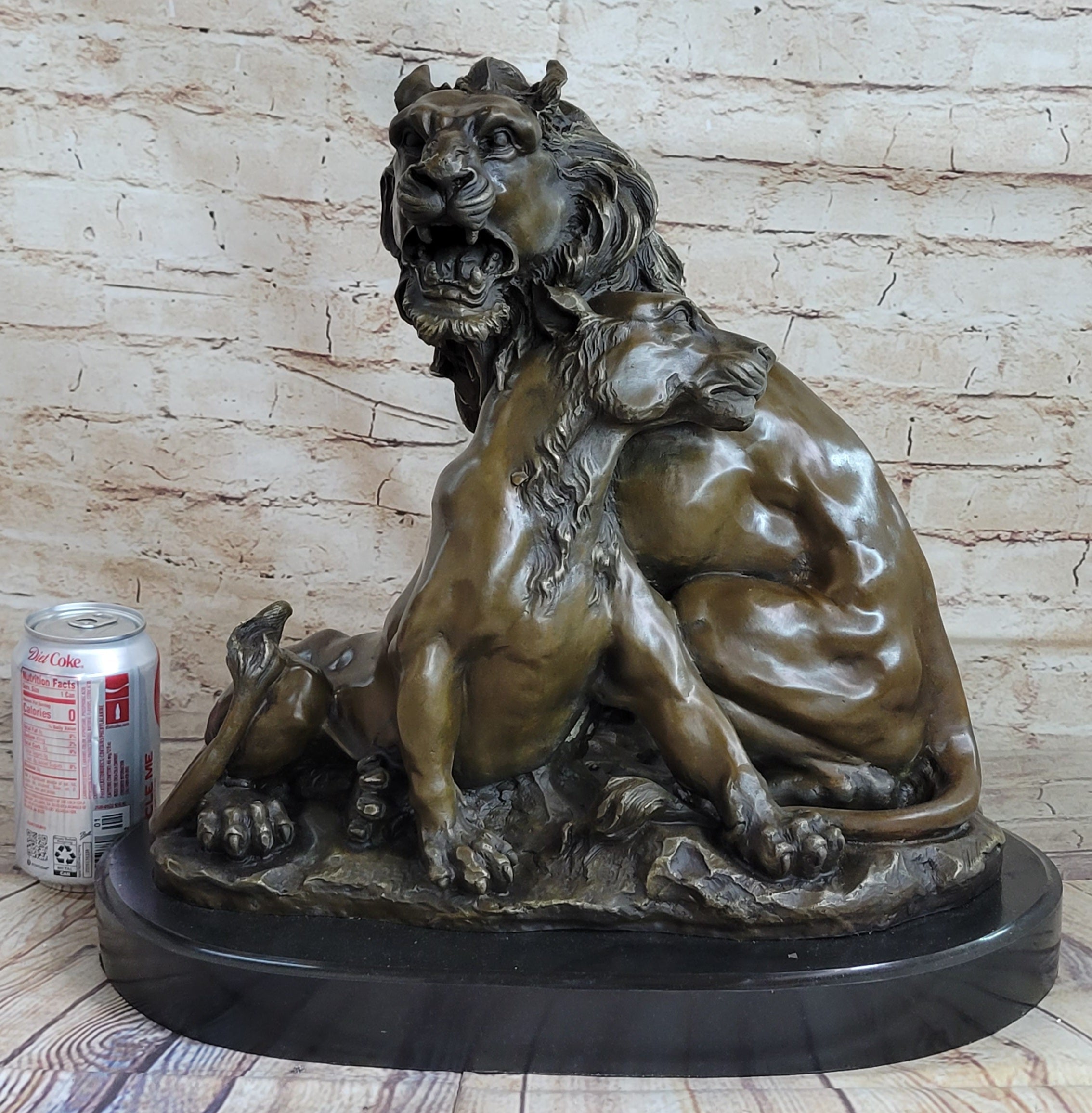 Male & Female Lion Necking Romantic Love Bronze Statue Sculpture Figure on Marble Base