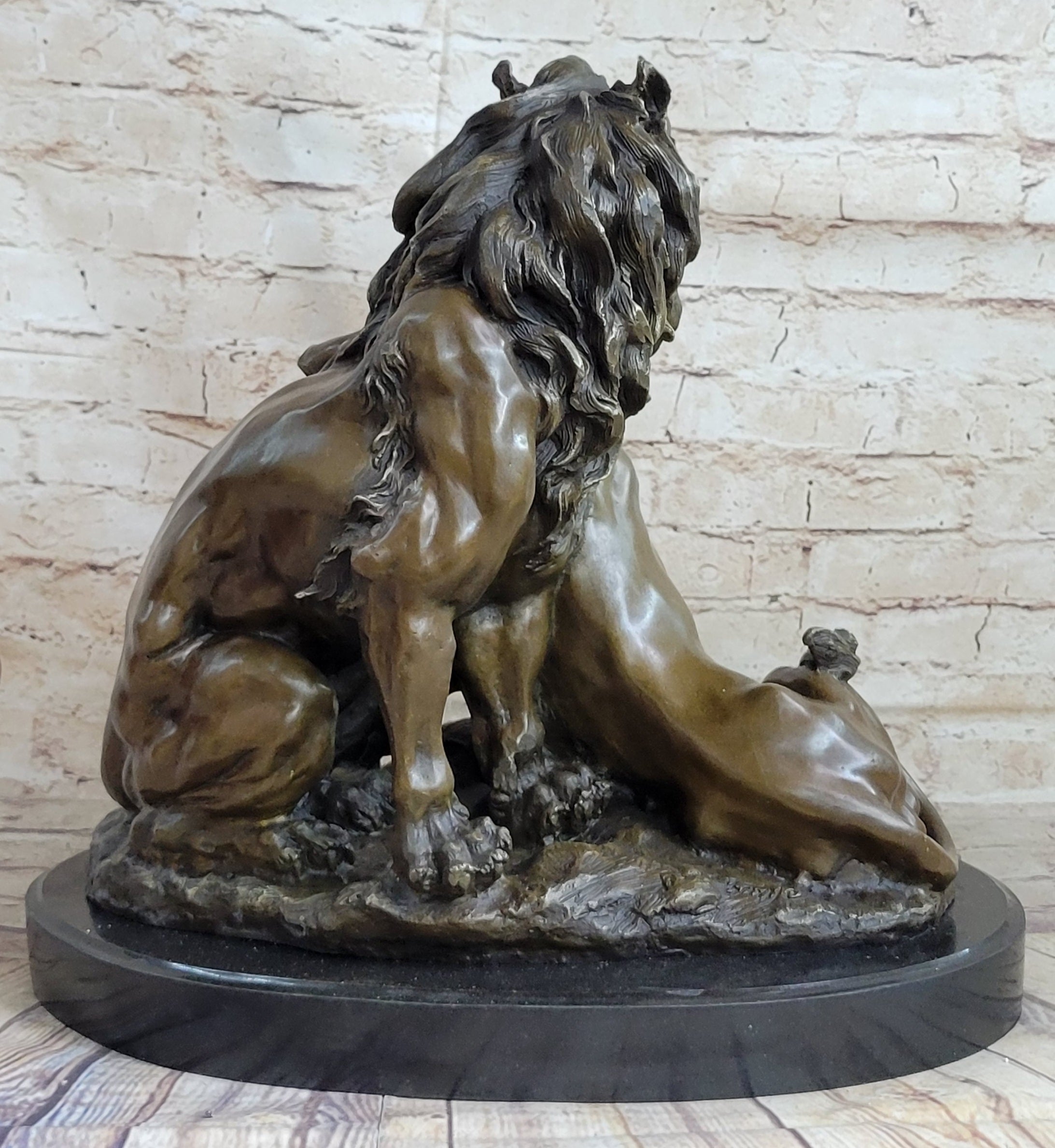 Male & Female Lion Necking Romantic Love Bronze Statue Sculpture Figure on Marble Base