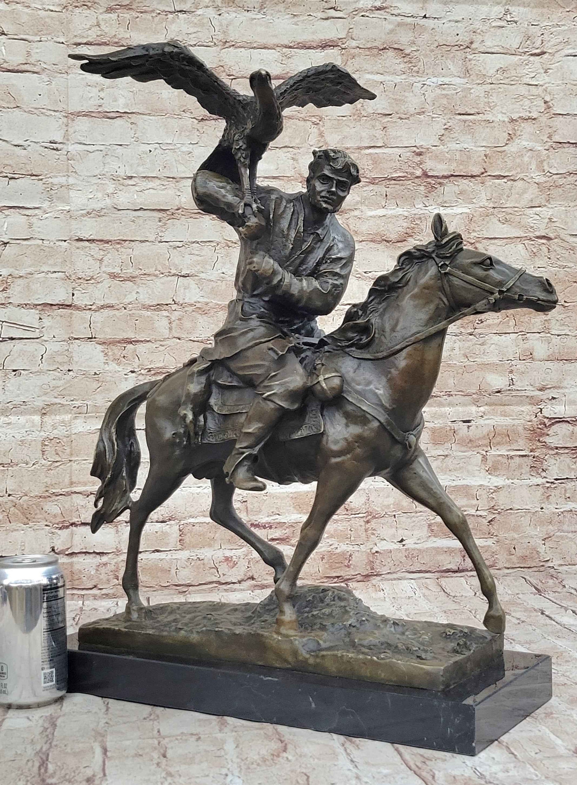 Bronze Kazakh Falconer on Horseback Sculpture with Hunting Eagle