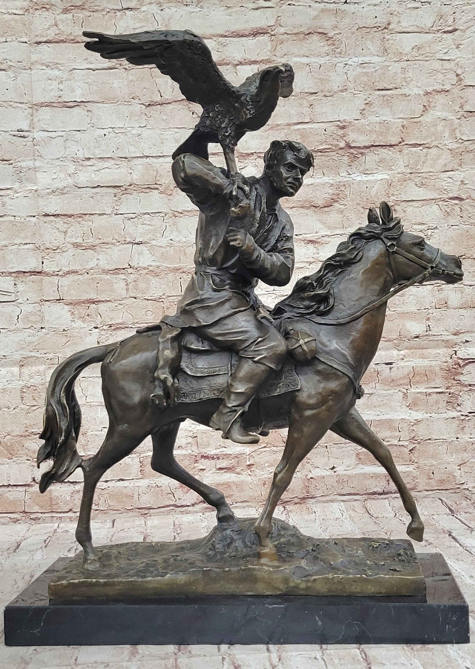 Bronze Kazakh Falconer on Horseback Sculpture with Hunting Eagle