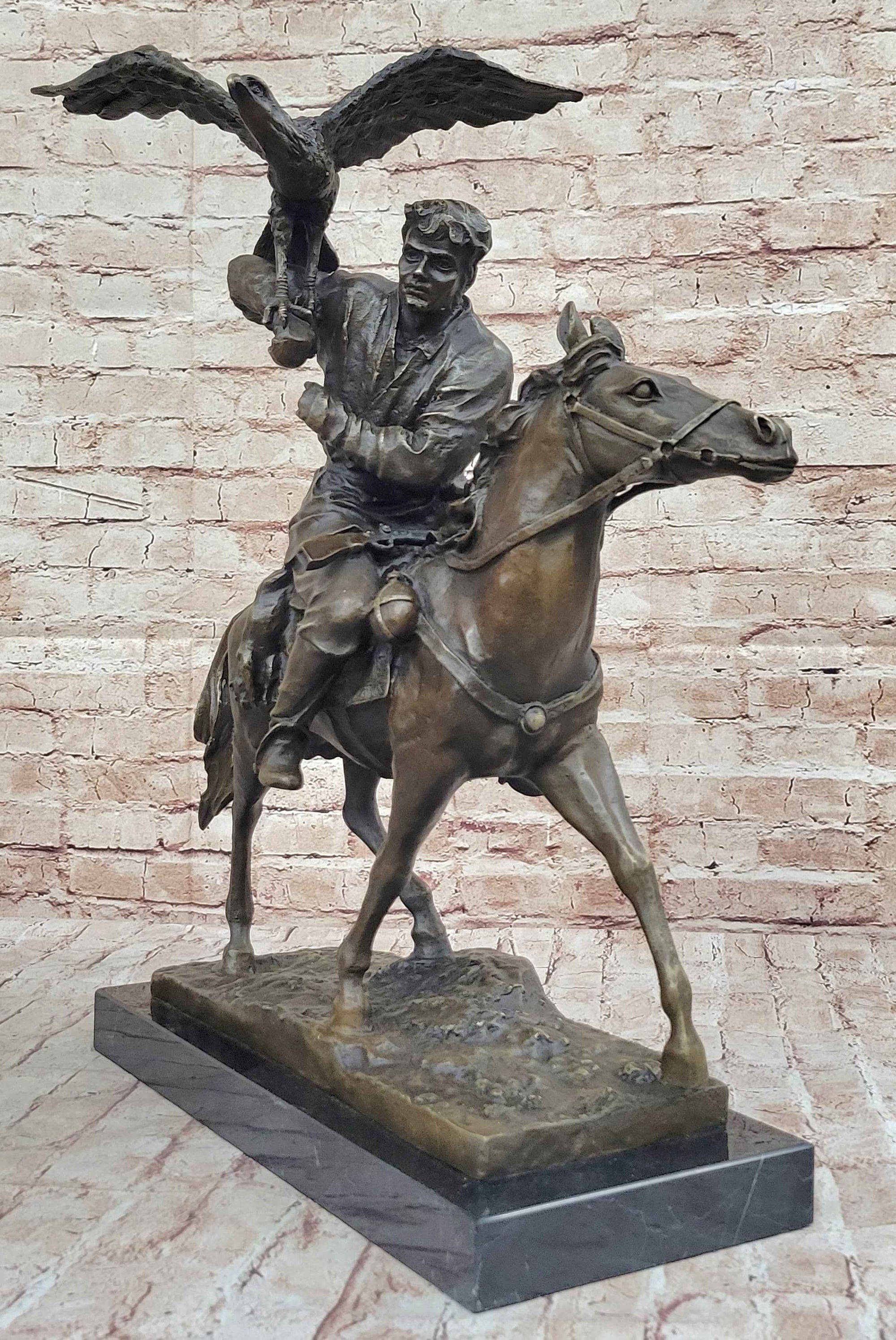 Bronze Kazakh Falconer on Horseback Sculpture with Hunting Eagle