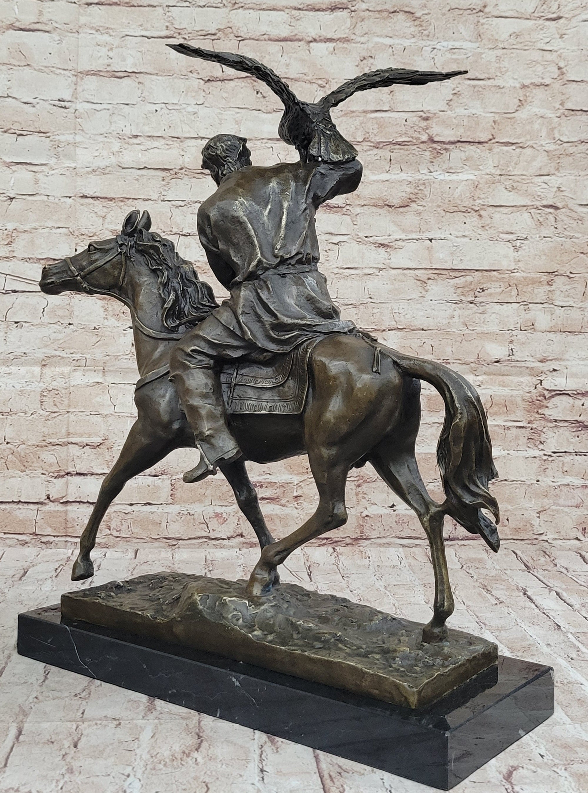 Bronze Kazakh Falconer on Horseback Sculpture with Hunting Eagle