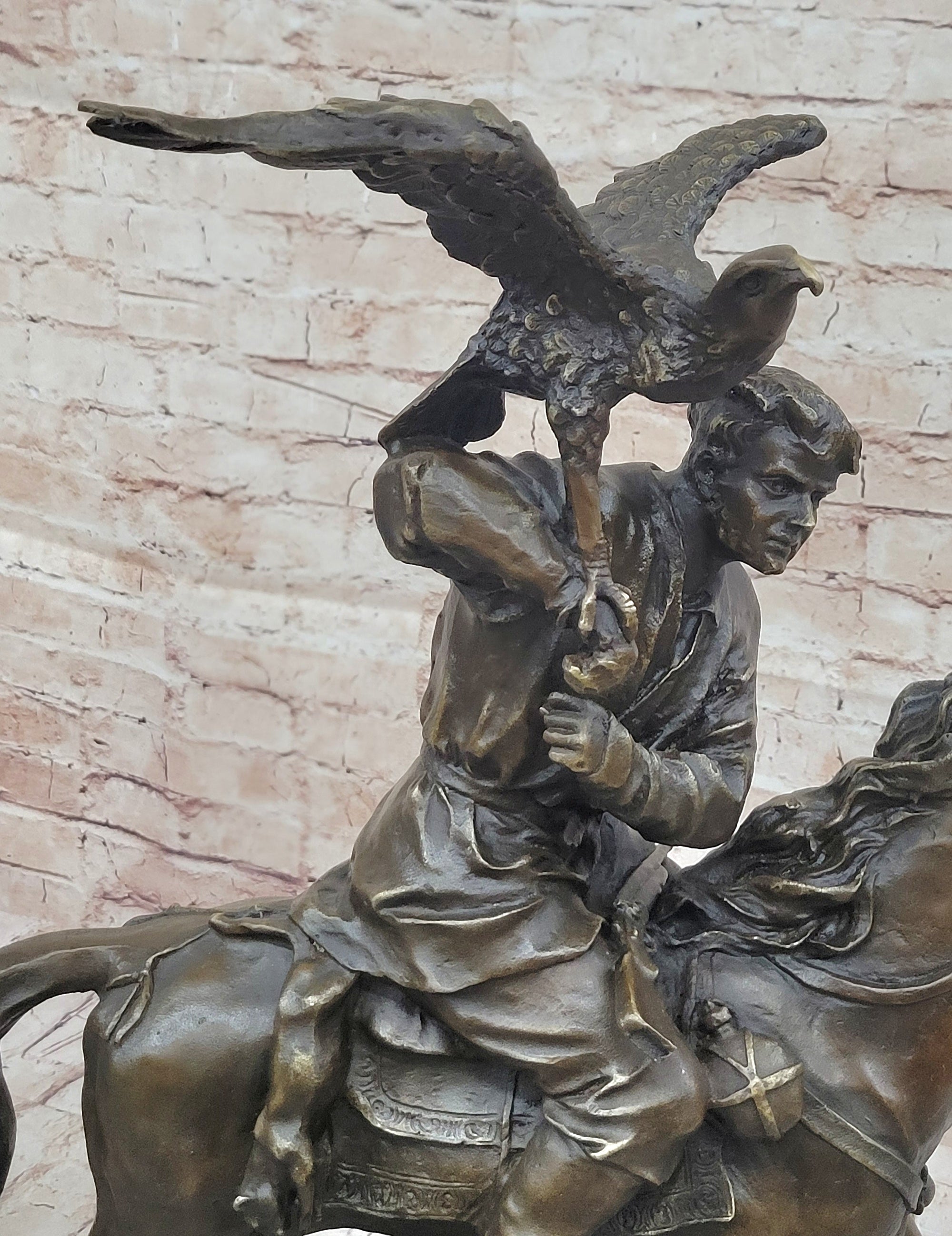 Bronze Kazakh Falconer on Horseback Sculpture with Hunting Eagle