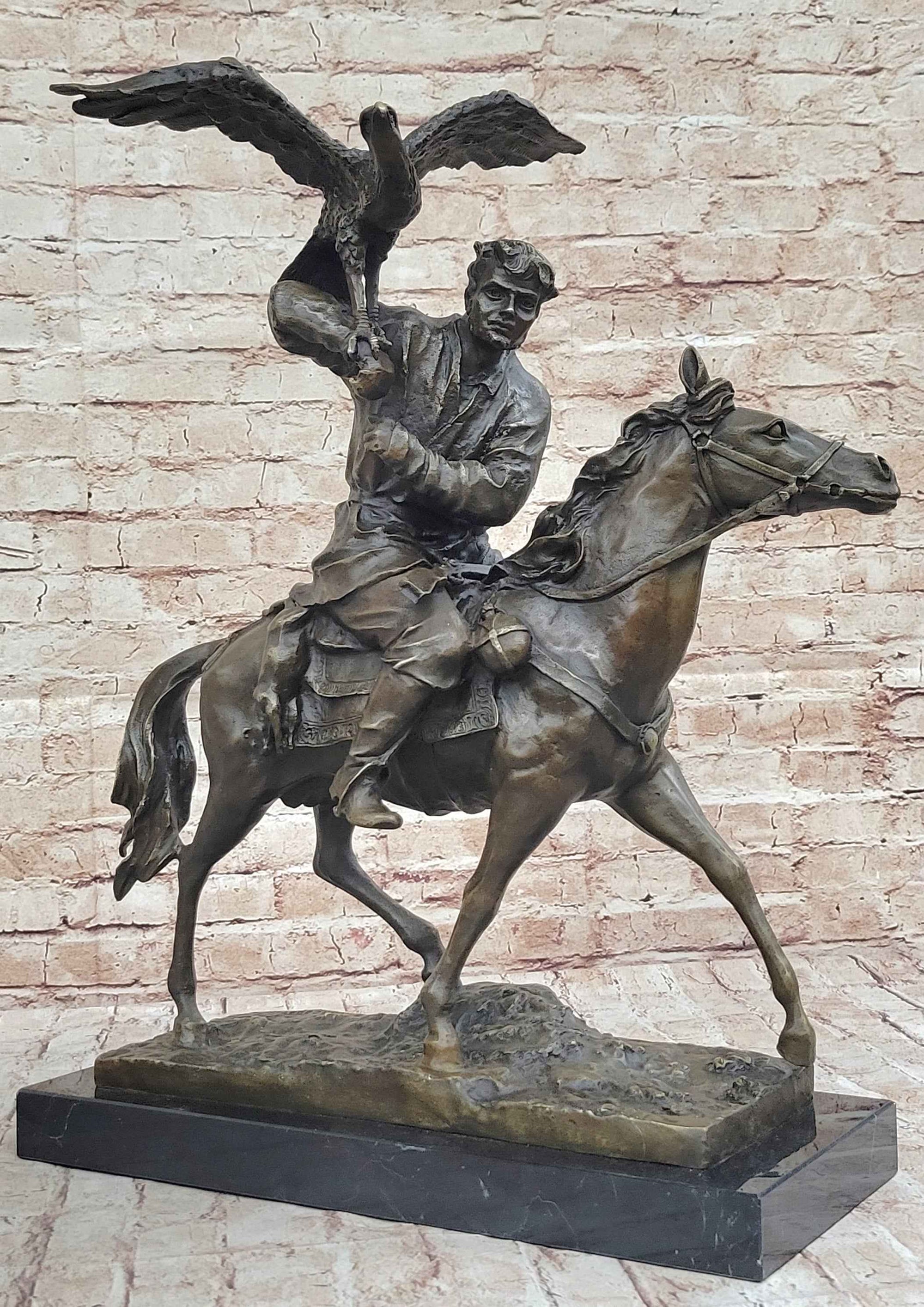 Bronze Kazakh Falconer on Horseback Sculpture with Hunting Eagle