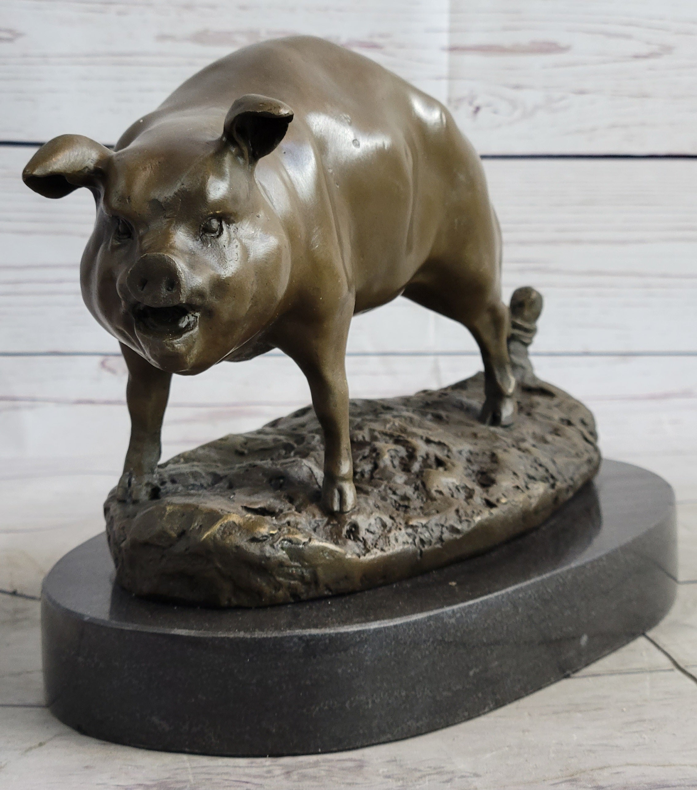 Cute Pig Hog Farm Animal Bronze Metal Statue Sculpture Figurine Decor Signed Art