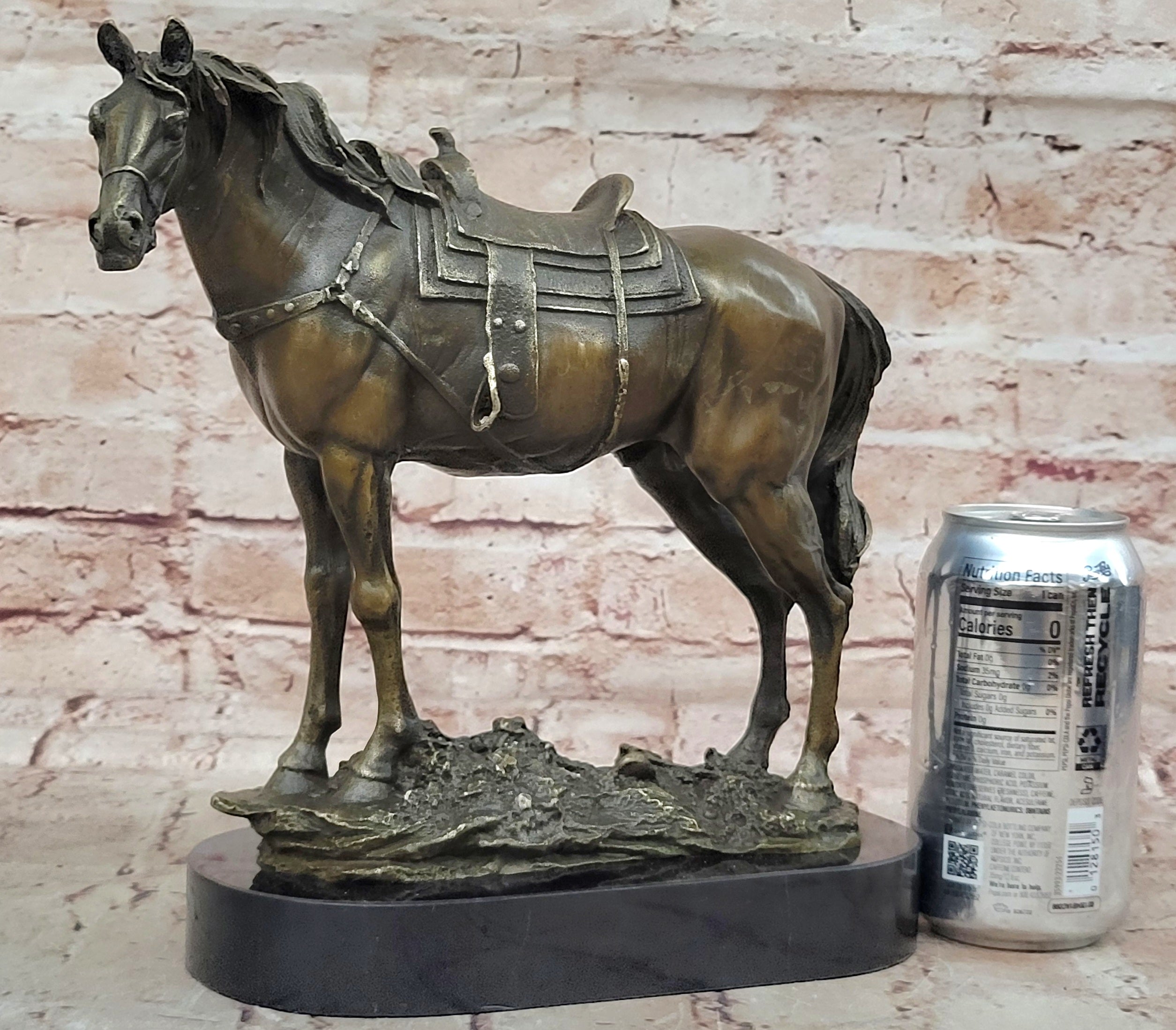 Large Original Loving Horse with his Saddle Western Art Cowboy Bronze Sculpture